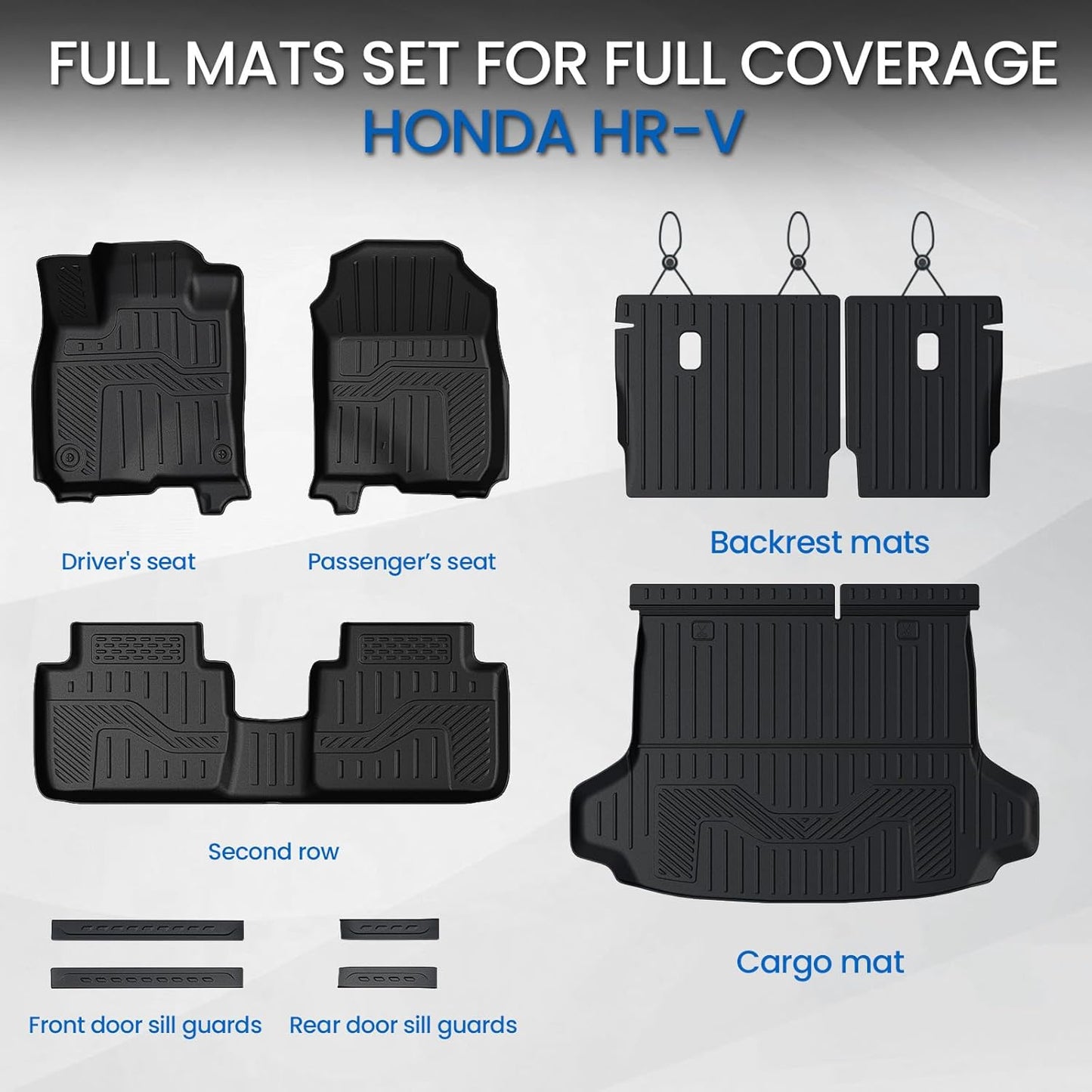 Floor Mats Set for 2023-2025 2026 Honda HR-V, All Weather TPE Backrest Mat Trunk Mat Cargo Liner Door Sill Guards Accessories for HRV (Floor Mats Set)