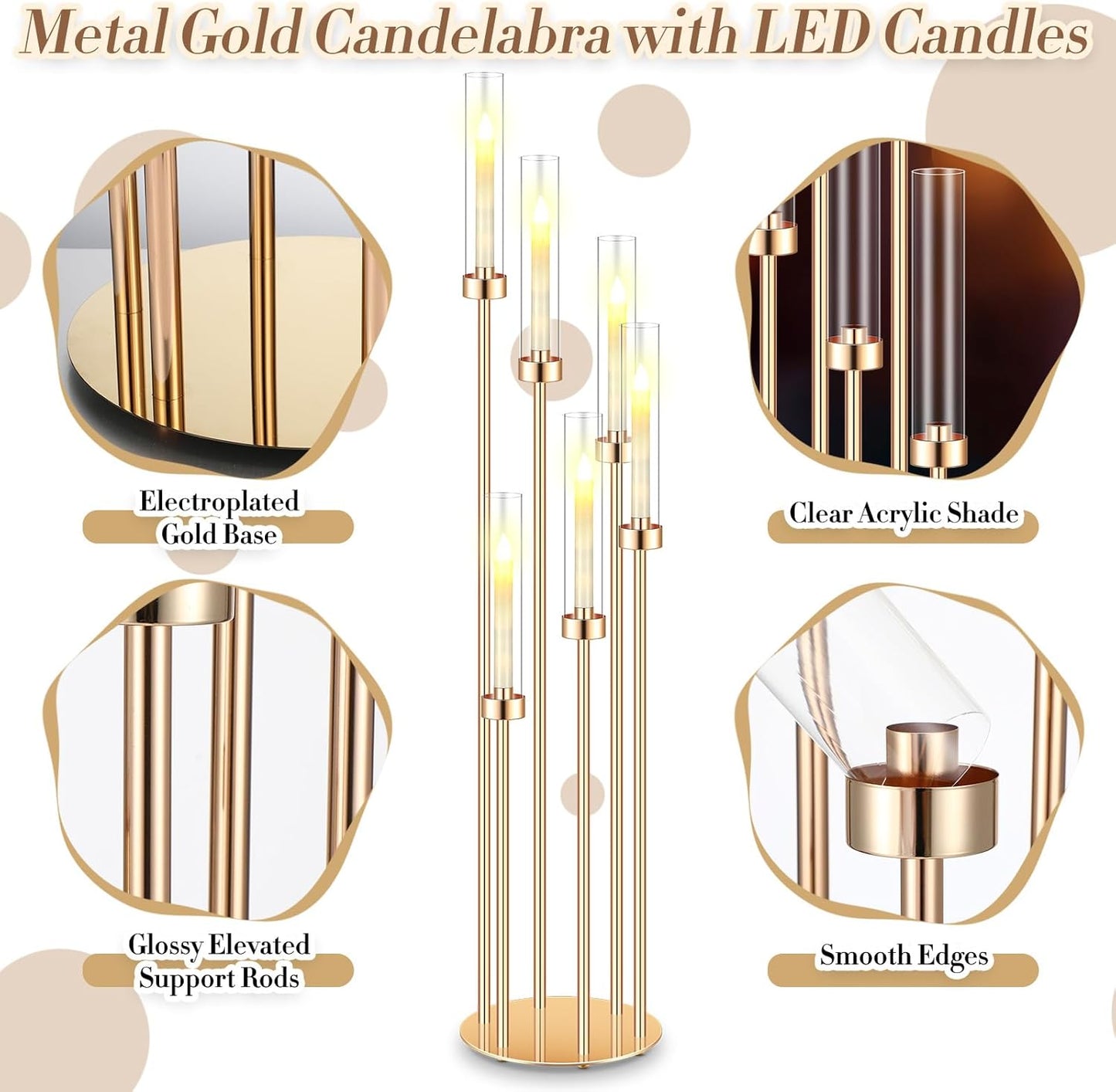 Tandefio 4 Sets Acrylic Candelabra Centerpieces 46.5'' Tall Clear Candle Holders Pillar Taper Candlestick with Lampshades 6 Arm Floor