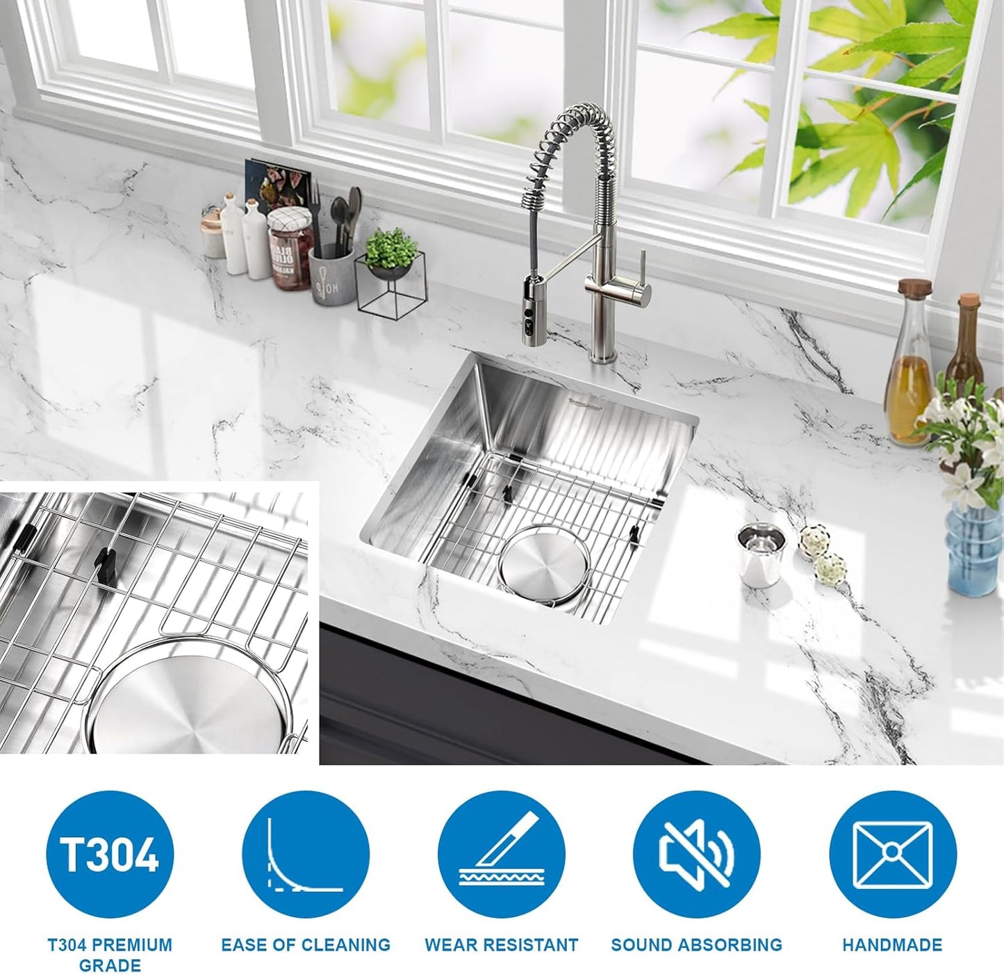 Suncano 15x15 Inch Bar Sink Undermount, 18 Gauge Stainless Steel Small Kitchen Sink, Handmade Single Bowl Wet Bar Sink wi