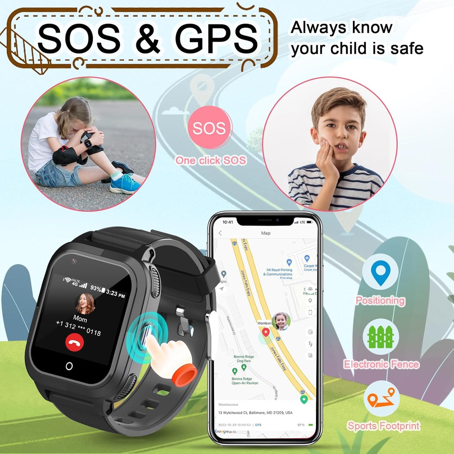 Kids Smartwatches with SIM Card, 4G Kids GPS Tracker Whatsapp Line Real-time Calling Voice Message SOS