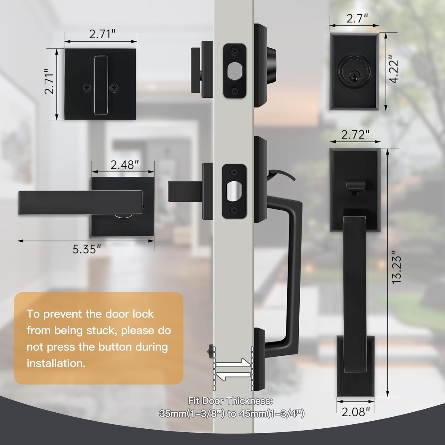 Double Front Door Lock Set, Square Heavy Duty Double Door Handle with Dummy, Handleset with Deadbolt, Black