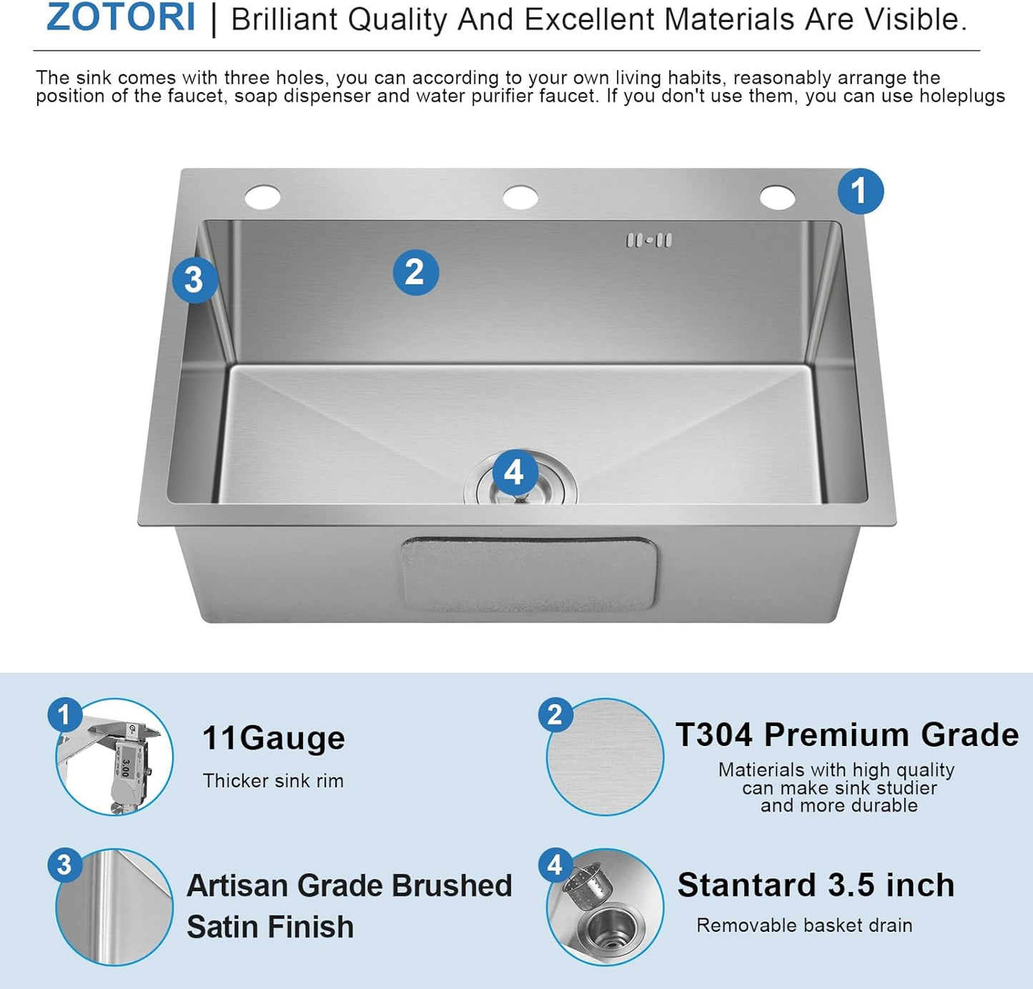 27-inch Drop-in Kitchen Sink , T304 Stainless Steel Kitchen Sink Single Bowl With 3 Holes, Soap Dips