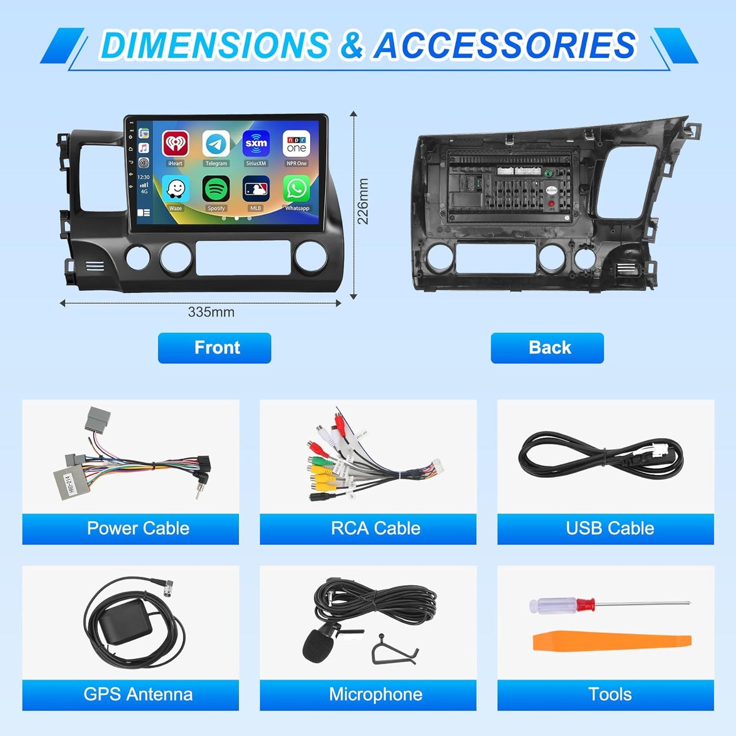 10" Radio for Honda Civic (2006–2011, 8th Gen), Android 15 Stereo, Wireless Apple CarPlay & Android Auto, Bluetooth 5.0, Built-in GPS + Wi-Fi, 2GB + 64GB, HD Touchscreen Head Unit with AM/FM/RDS