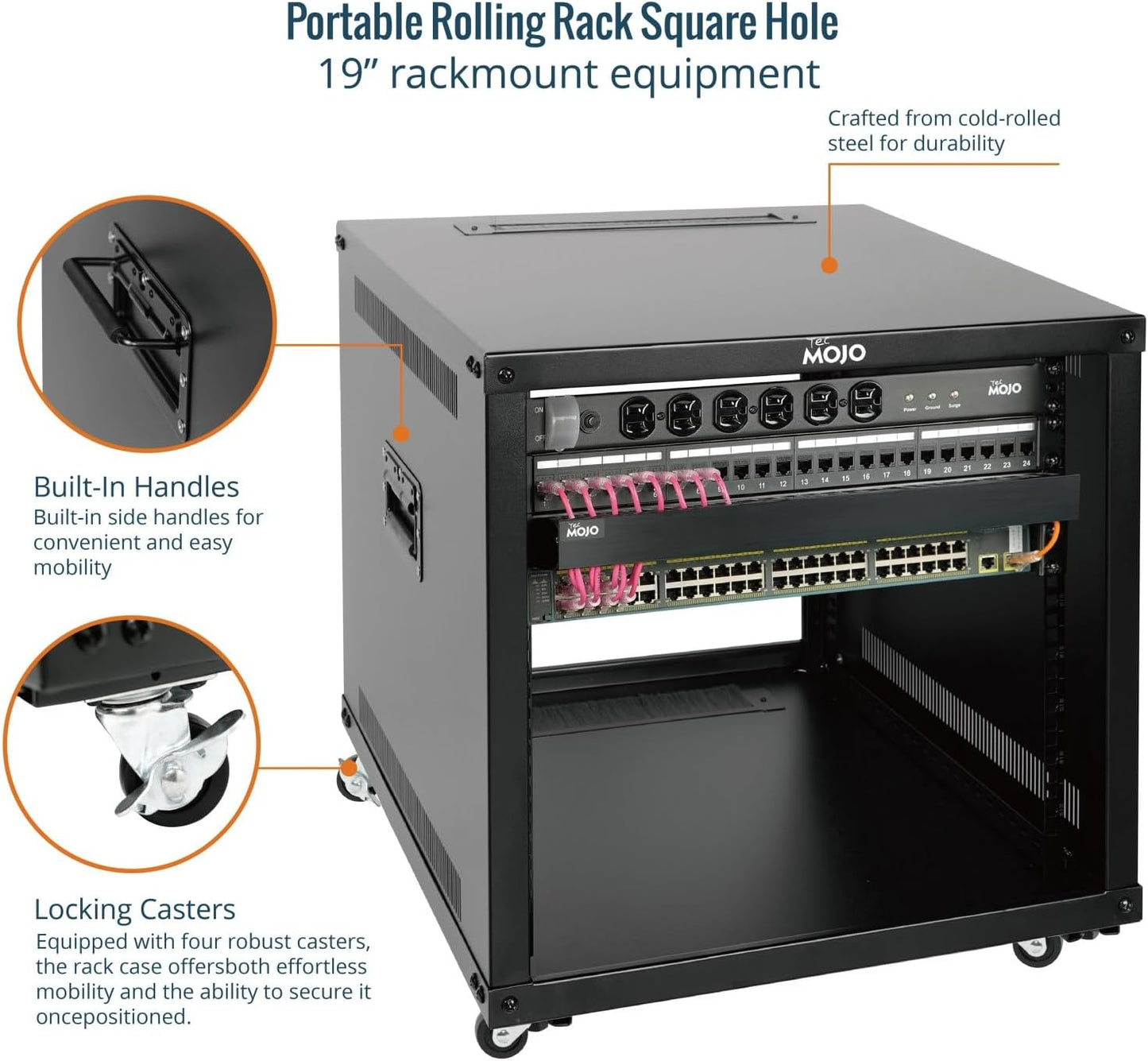 Tecmojo 9U Mobile Server Rack Enclosure, 23.62'' Deep, 19'' Network Rack with Wheels, Rolling Network Rack for Computer/AV/Data/IT