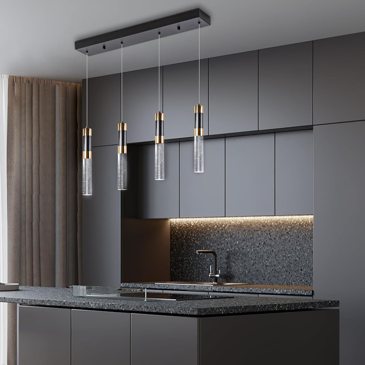 ELEKICO Modern Crystal Led Pendant Lights with 4-Light, Black and Gold Pendant Light Fixtures, Cylindrical Pendant Lighting for Kitchen Island,