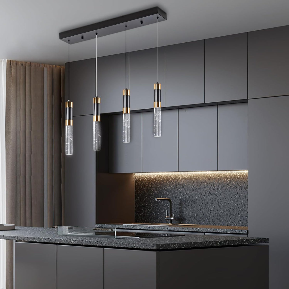 ELEKICO Modern Crystal Led Pendant Lights with 4-Light, Black and Gold Pendant Light Fixtures, Cylindrical Pendant Lighting for Kitchen Island, Kitchen Hanging Lights Over Island, C-PL-4