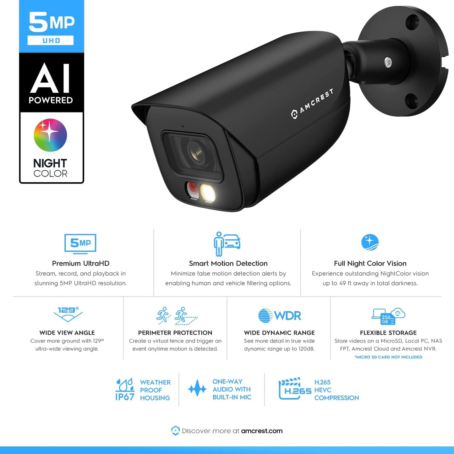 Amcrest 2PACK 5MP IP PoE AI Camera w/ 49ft Color Night Vision, Security Outdoor Bullet Camera, Built-in Mic, 2X 100ft Cat6E Cable, Active Deterrent,