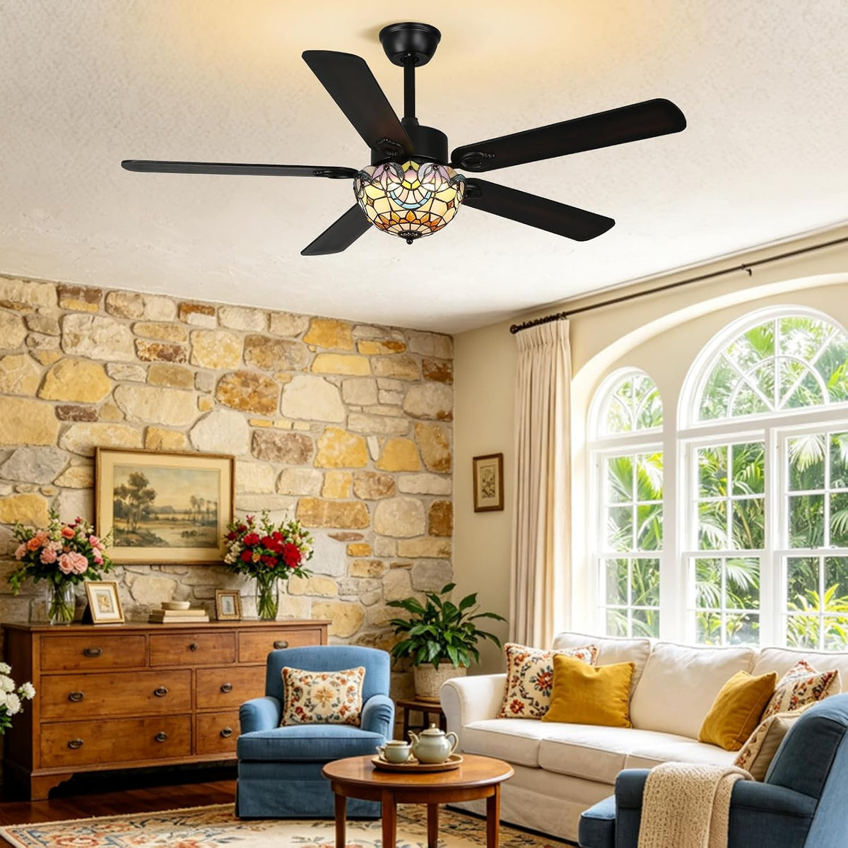 Stained Glass Ceiling Fan with Light, 52" Vintage Fandelier Fan with Remote black