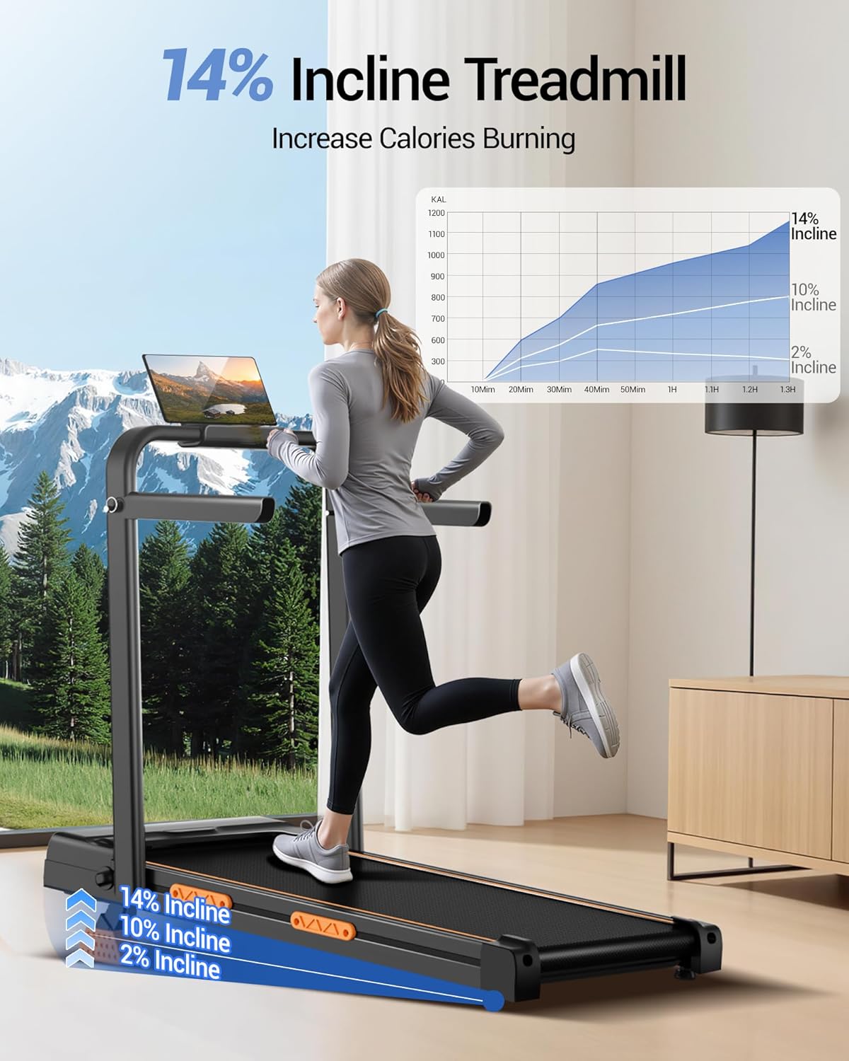 14% Incline Walking Pad Treadmills for Home, Under Desk Treadmill with Handles, Foldable Treadmill with 2.5 HP Quiet Brushless