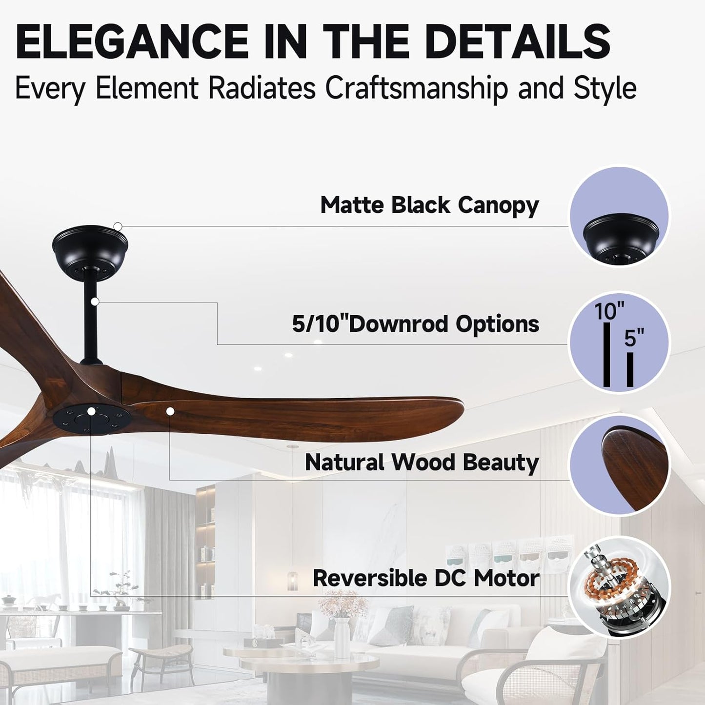 Fanawi 60" Farmhouse Ceiling Fan with Remote Control, Wood Ceiling Fan without Lights for Indoor/Outdoor - Modern Design, P