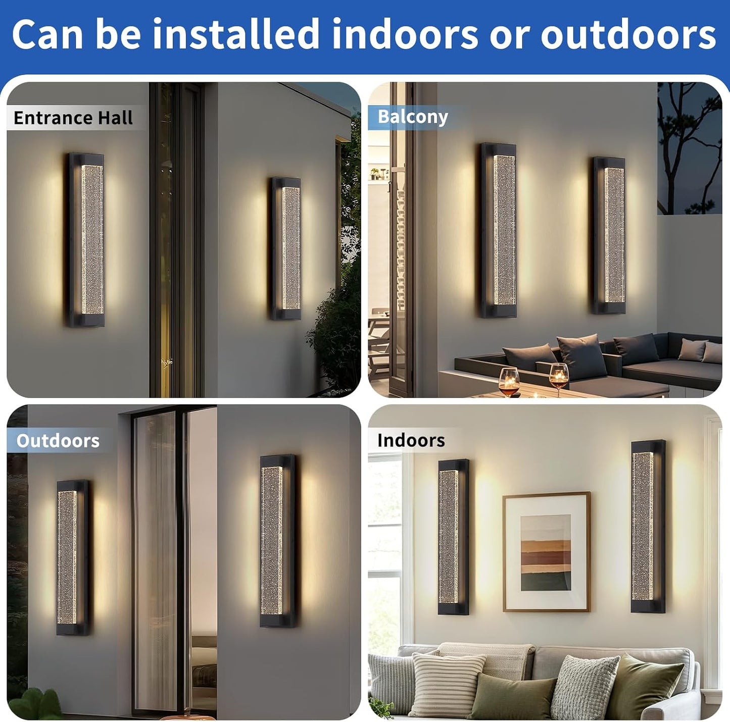 2 Pack Black Long Exterior Wall Lights, 23.6inch Bubble Crystal Outdoor Wall Sconce, 3000K Warm White, IP65 Waterproof, Minimalist LED Outside Garage Lighting for House, Fence, Balcony, Patio 3000K-Crystal 23.6inch 2