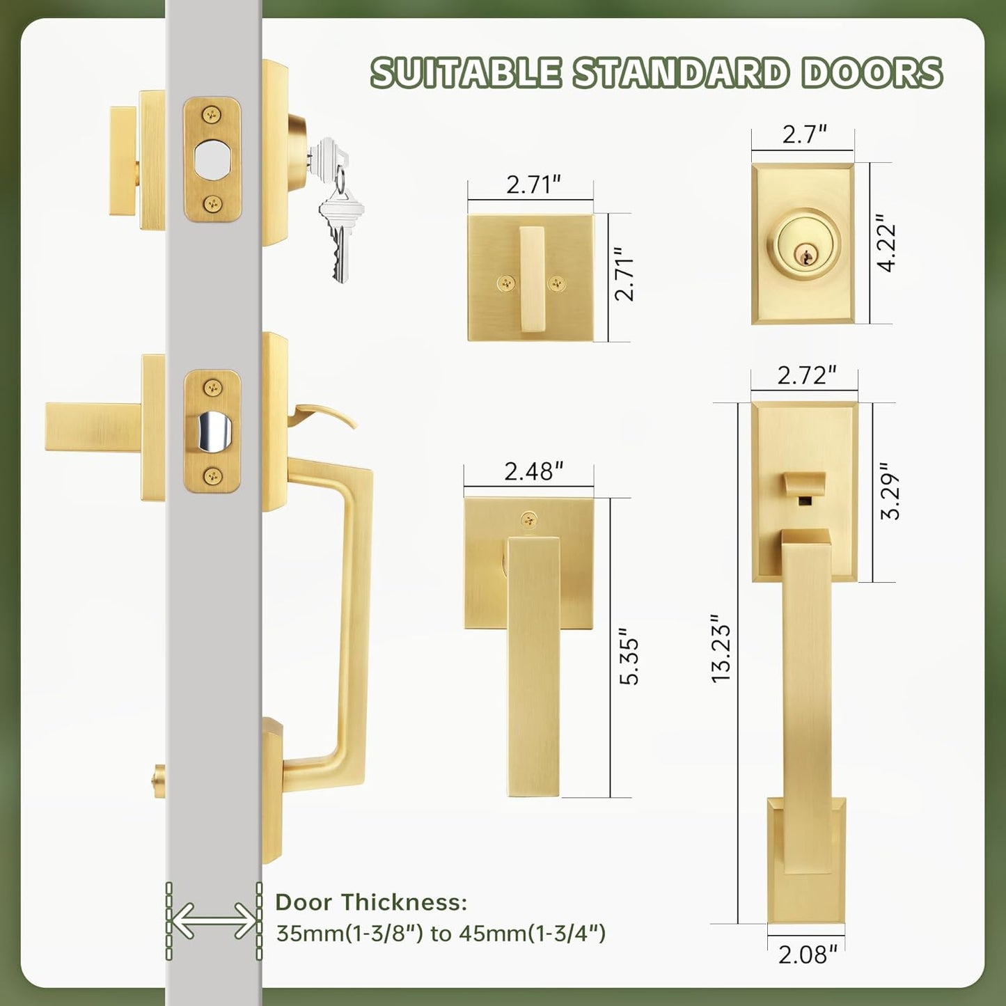 Double Front Door Lock Set, Brushed Gold Square Front Door Hardware Set with Dummy, Heavy Duty