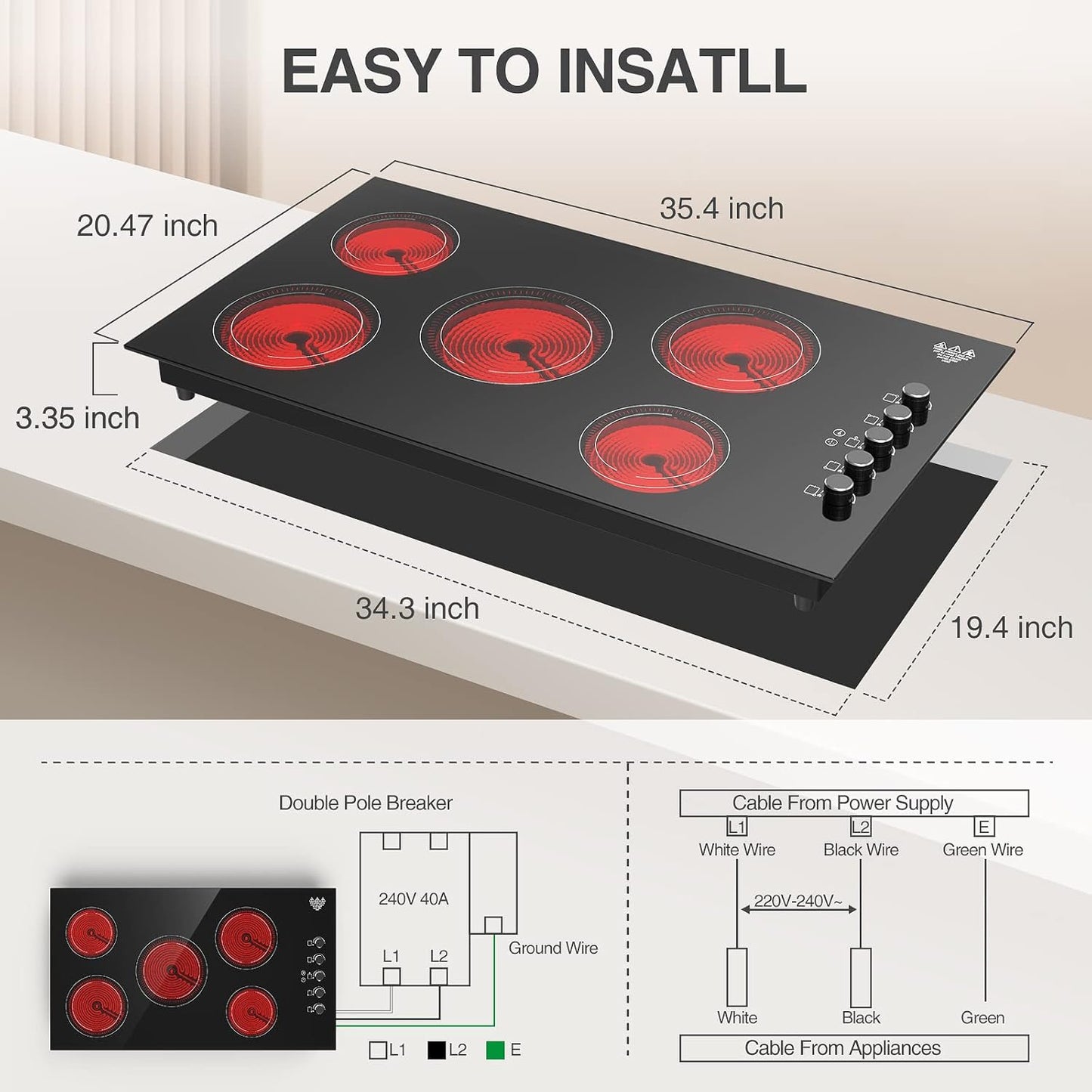 5 Burner Electric Infrared Cooktop 36 inch, Kid-safe features (Plug NOT included, Must be hardwired in or find a compatible plug)