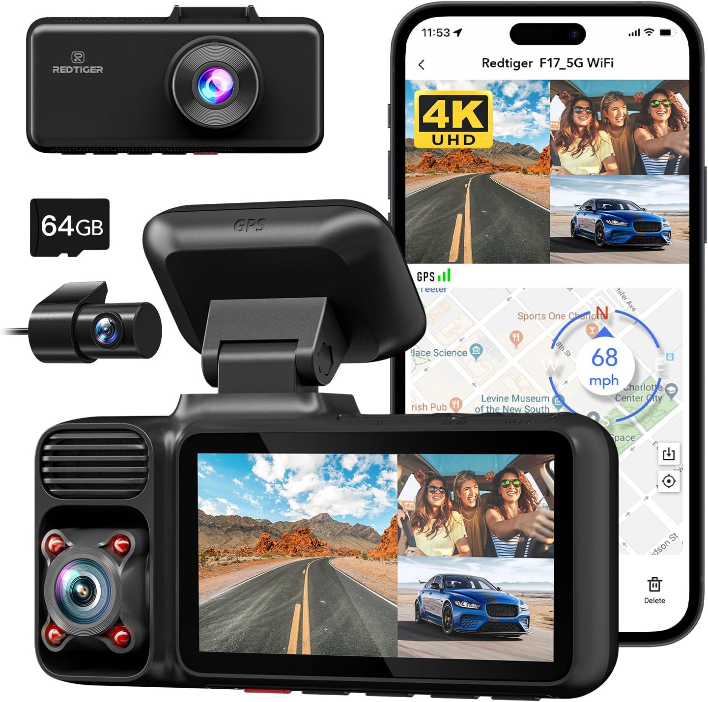3 Channel Dash Cam, 4K+1080P+1080P Front and Rear Inside Triple Car Camera