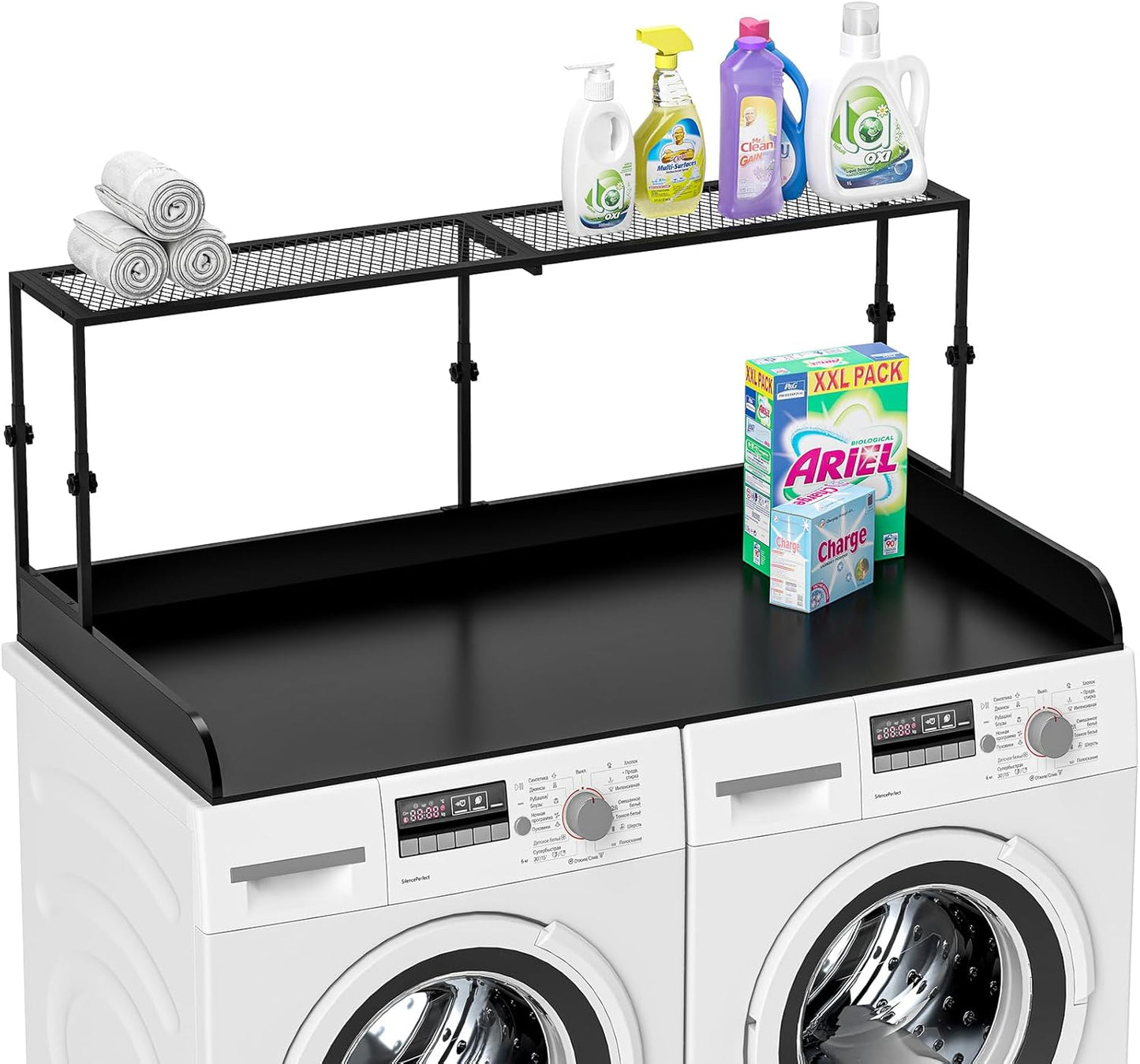 Suuiwau 2-Tier Wooden Washer Dryer Countertop with Metal Storage Shelf, 54" x 27.55" Height Adjustable Washing Machine Topper Laundry Guards