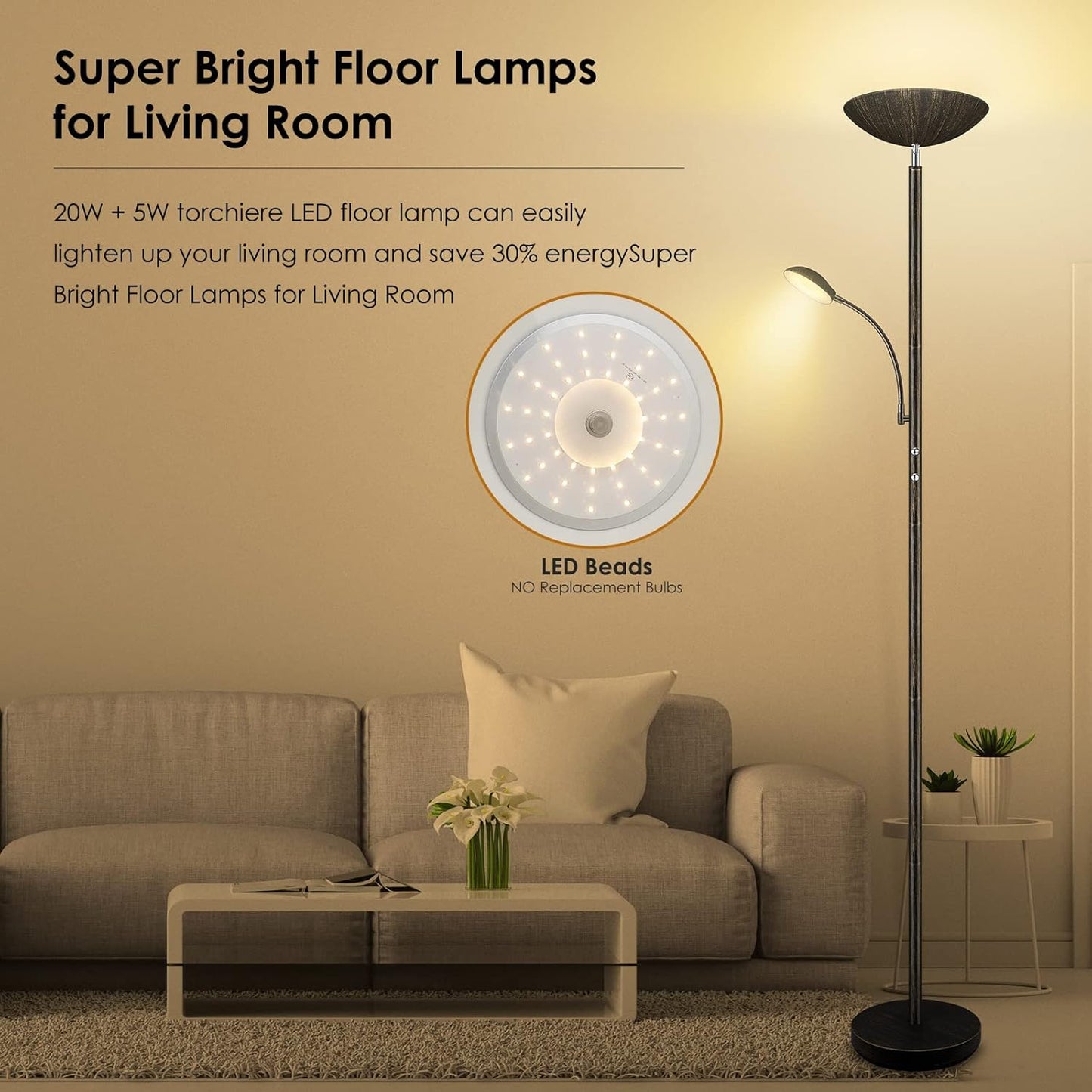 Floor Lamp, LED 20W/2000LM Bright Torchiere Floor Lamp with 5W Adjustable Reading Lamp, Stepless Dimmable Standing Lamp, 2 Rotary Switch, Modern