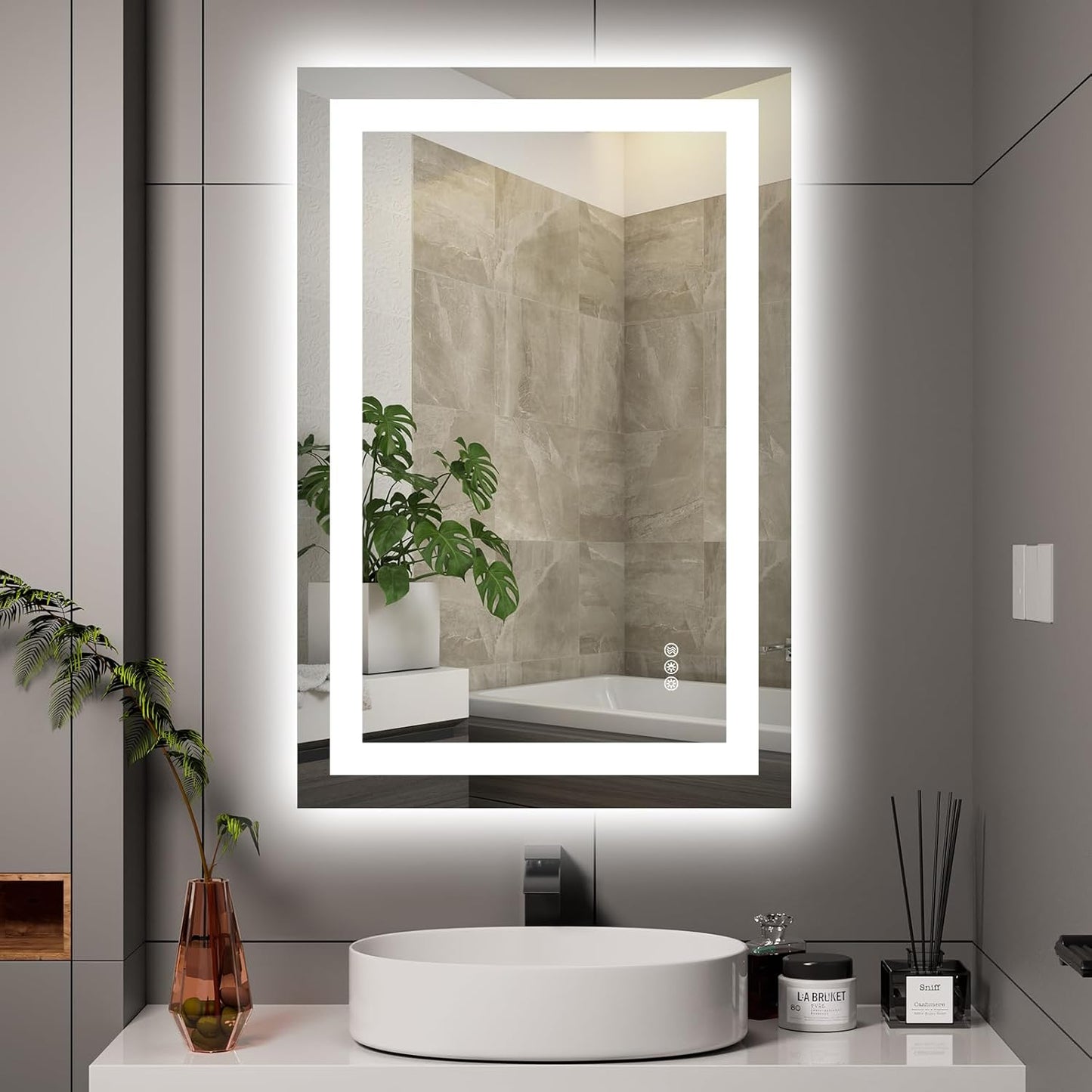Hivone LED Bathroom Mirror with Lights 24"x 36" Wall Vanity LED Mirror Stepless Dimmable,Double Front and Backlight,Anti-Fog,Memory Smart