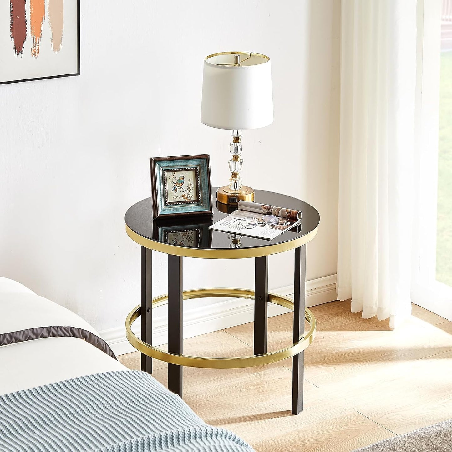 Furniturosy Round End Table, Modern Glass Side Table with Sturdy Metal Frame, Accent Table with Tempered Glass Top, Glass End Table for Living Room,