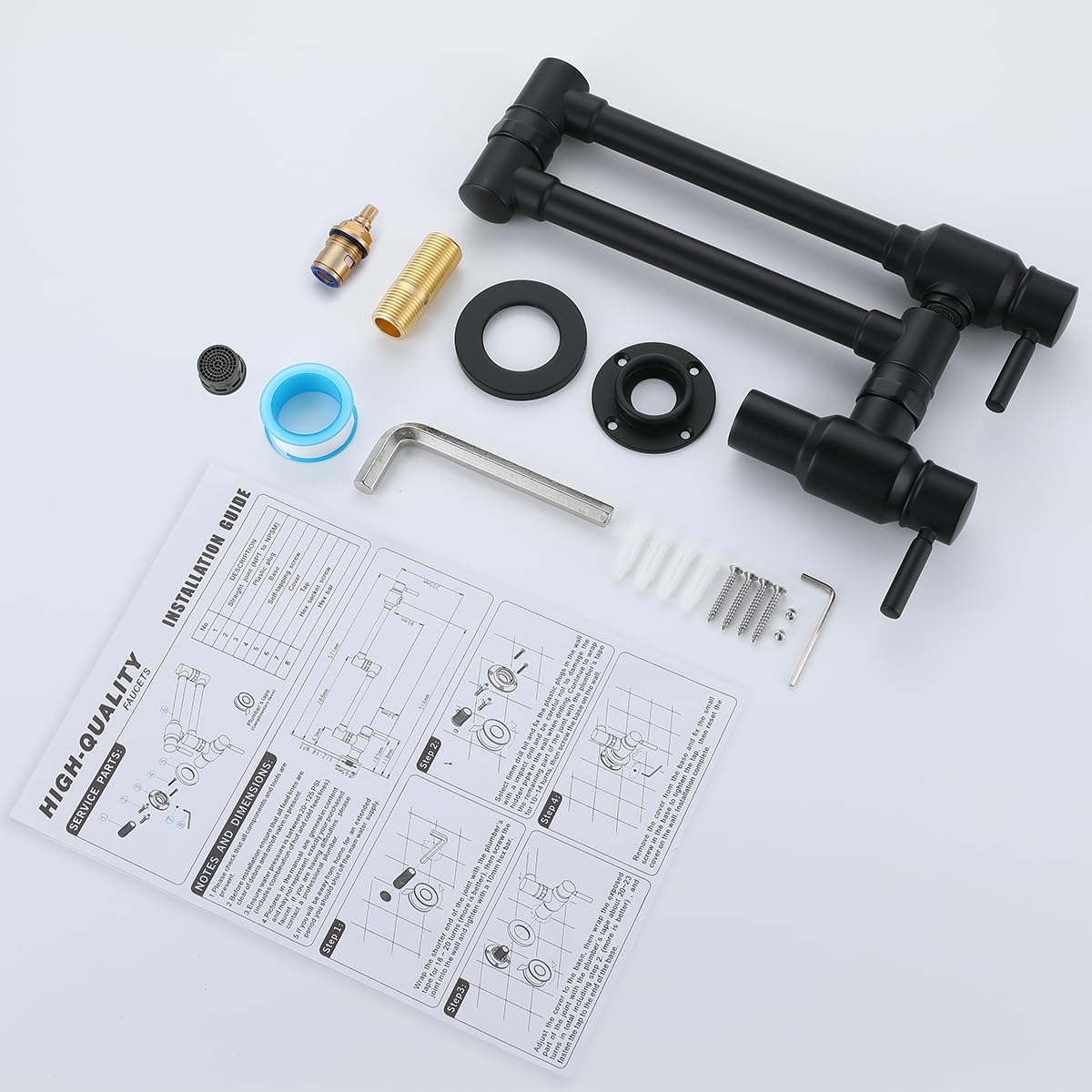 Pot Filler Folding Kitchen Faucet Brass Double Joint Swing Arm Sink Faucet Articulating Wall Mount Two Handle Single Hole, Matte Black, cUPC NSF