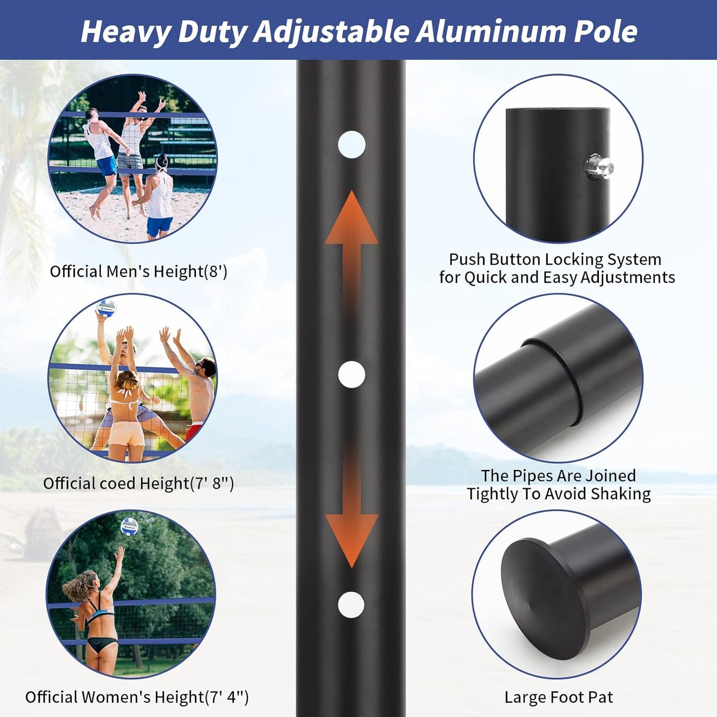 Olybeaka Portable Volleyball Net Outdoor for Backyard Beach Heavy Duty Volleyball Net Set System with 2" Adjustable Height Aluminum Poles, PU