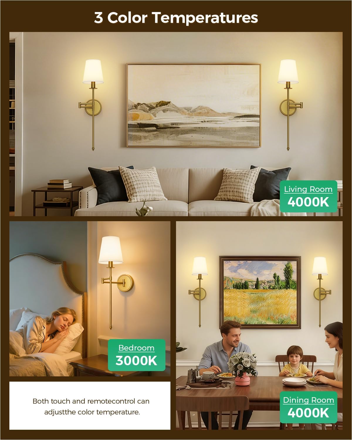 Battery Operated Wall Sconce Set of 2, RGB Color Changing Wall Lights with Remote, 9 Static Colors, Dimmable Wireless Swing Arm Wall Lamp, Adjustable Gold Wall Sconce for Bedroom Living Room Brass 24.8inch