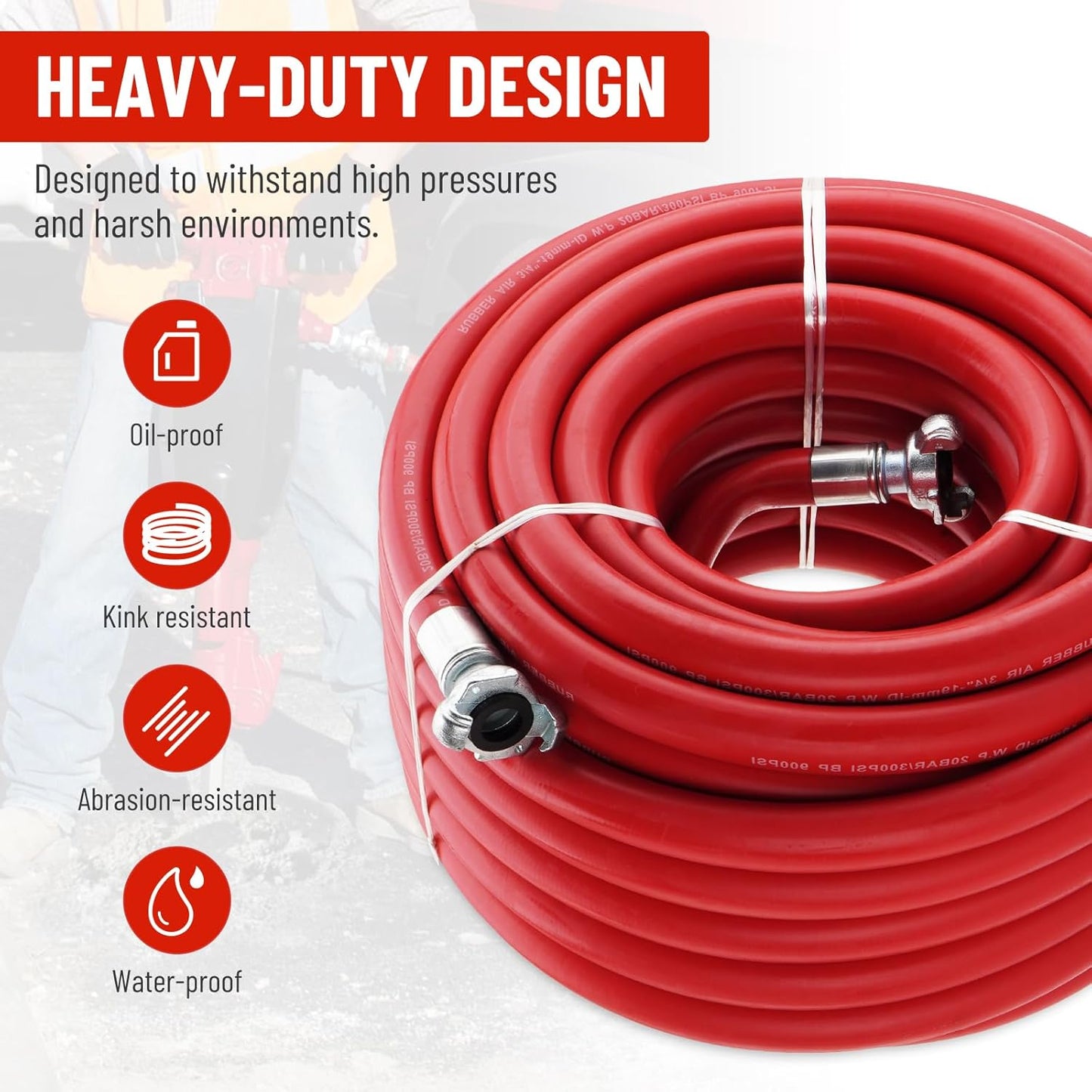 3/4 Inch x 100 FT Red Jackhammer Air Hose with Male NPT Nipple and Female NPT Air Hose Fitting, Air Tools
