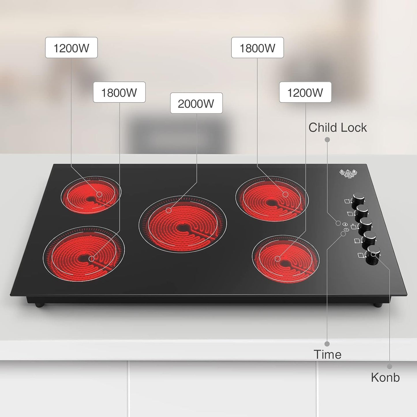 5 Burner Electric Infrared Cooktop 36 inch, Kid-safe features (Plug NOT included, Must be hardwired in or find a compatible plug)
