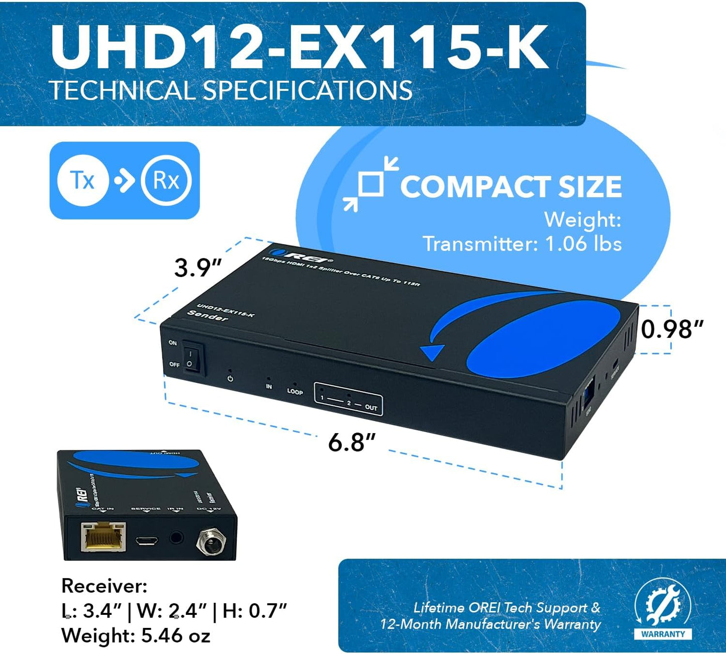 OREI 1x2 HDMI Extender Splitter 4K by Multiple Over Single Cable CAT6/7 4K@60Hz 4:4:4 HDCP 2.2 with IR Remote EDID Management - Up to 115 Ft - Loop