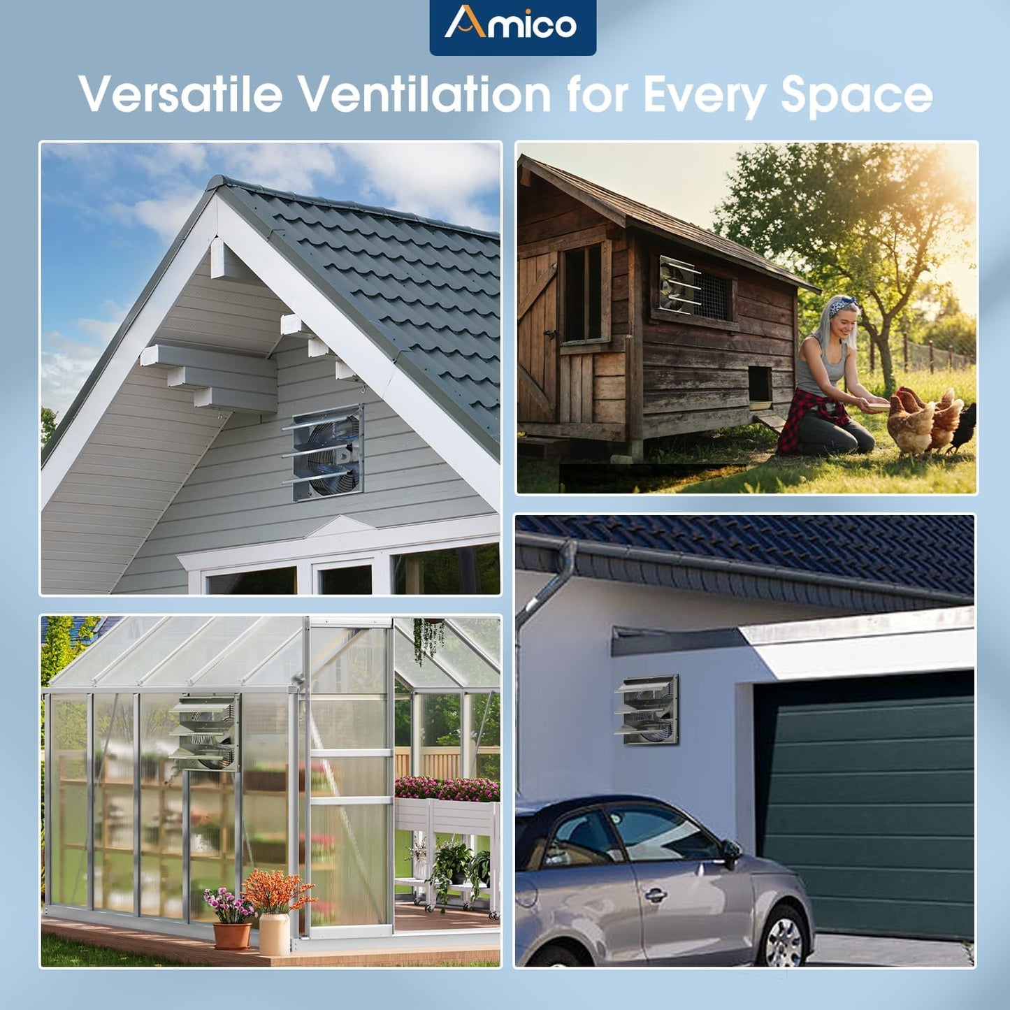 Amico 12" Smart Shutter Exhaust Fan with Thermostat & 8 Speed, 1282 CFM (Up to 1800 Sq.Ft), 25W Energy Saving Brushless DC Motor, Wall Mount Garage/Attic/Greenhouse Vent Fan, Plug & Play, FCC & ETL