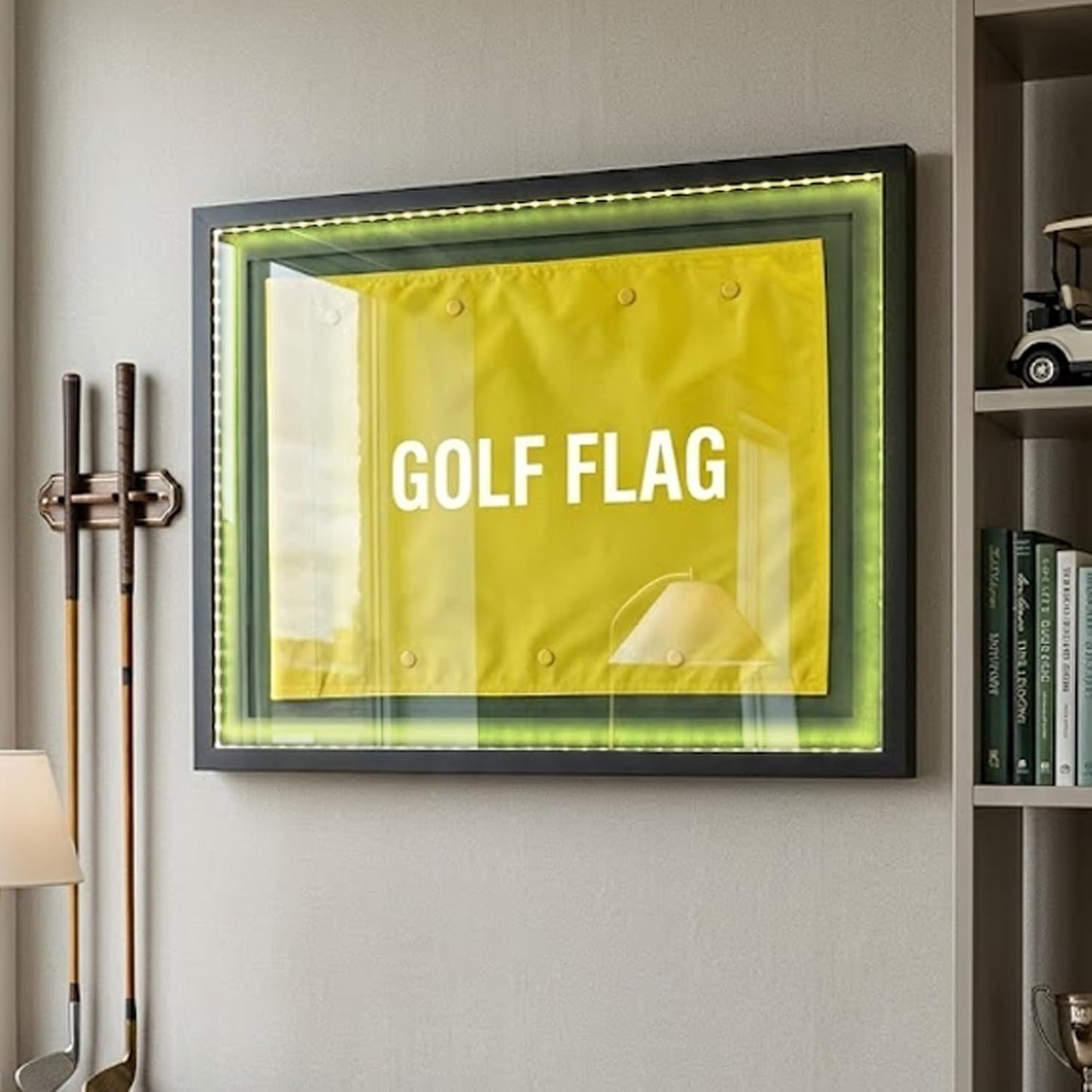 25 x 19Inch Golf Flag Display Case for Maximum 24 x 18Inch Golf Flag,Premium Solid Wood Display Case with Lights,Banner Frame Acrylic Boxes with Canvas Mat,Perfect for Sports Collector Memorabilia