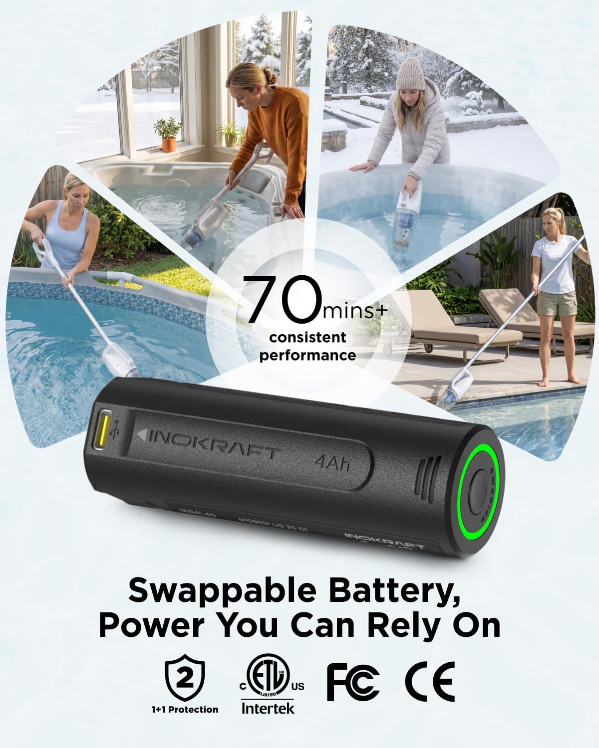 InoKraft 2-in-1 Cordless Handheld Pool Vacuum & Hot Tub Cleaner, Swap-On Replaceable Battery, High Suction for Above Ground Pools, Spa Vacuum with Stick Pump Drain Mode for Silt & Sand