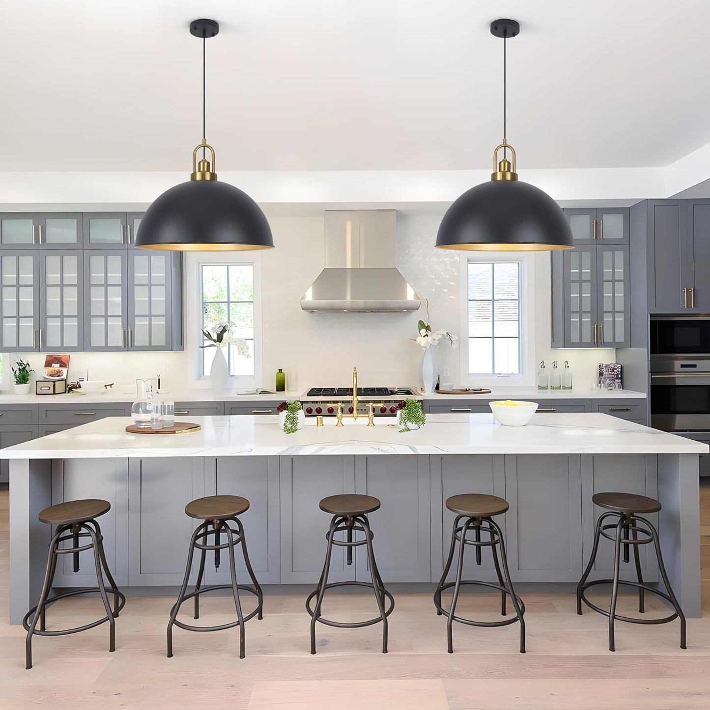 Matte Black Dome Pendant Light 19.68' Large Farmhouse Chandelier Adjustable Metal Hanging Lighting Fixture for Kitchen Island Bedroom Dining Room and