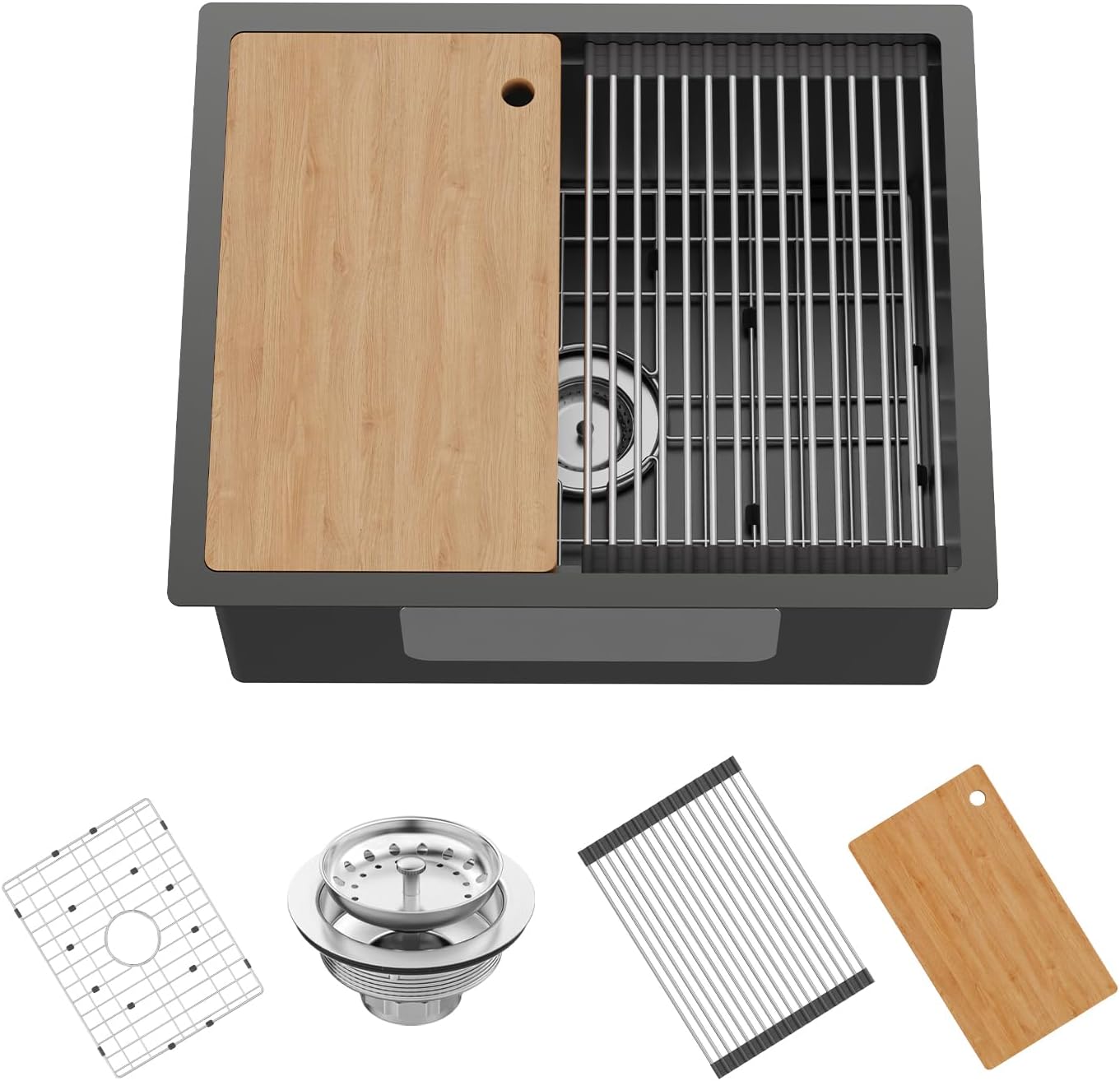 Black Kitchen Sink Workstation, 23'x19' Stainless Steel Undermount Single Bowl Kitchen Sink Built-in Ledge Drop
