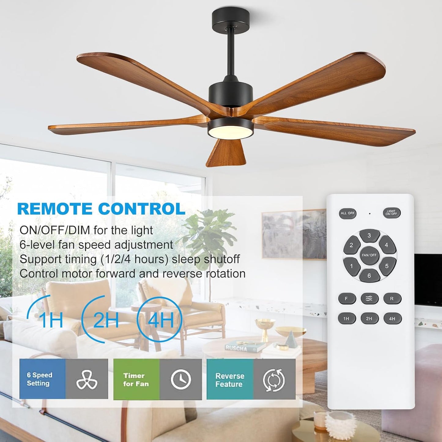 BOOSANT 52' Modern Ceiling Fan with Lights and Remote Control, 5 Solid Wood Blades 6-Speed Noiseless Reversible DC Motor, Ceiling Fan for Bedroom,