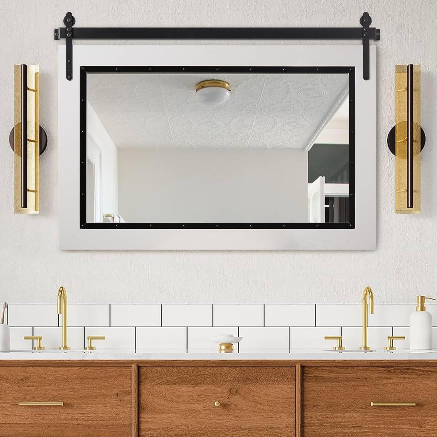 YOSHOOT Farmhouse Barn Door Mirror, 40"x26" Rustic Bathroom Mirror, Wood Frame Wall Mirror, Wooden Mirror for Living Room Bedroom Entryway