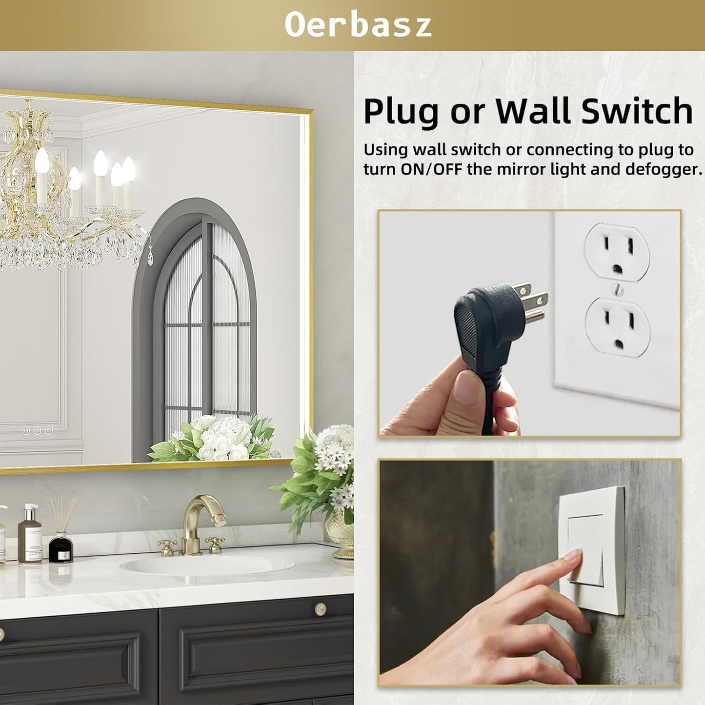 LED Bathroom Mirror with Gold Framed 28X40 Inch, LED Mirror for Bathroom with Anti-Fog, Stepless Dimmable