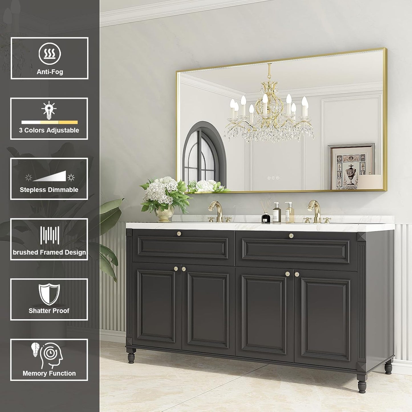LED Bathroom Mirror with Gold Framed 28X40 Inch, LED Mirror for Bathroom with Anti-Fog, Stepless Dimmable