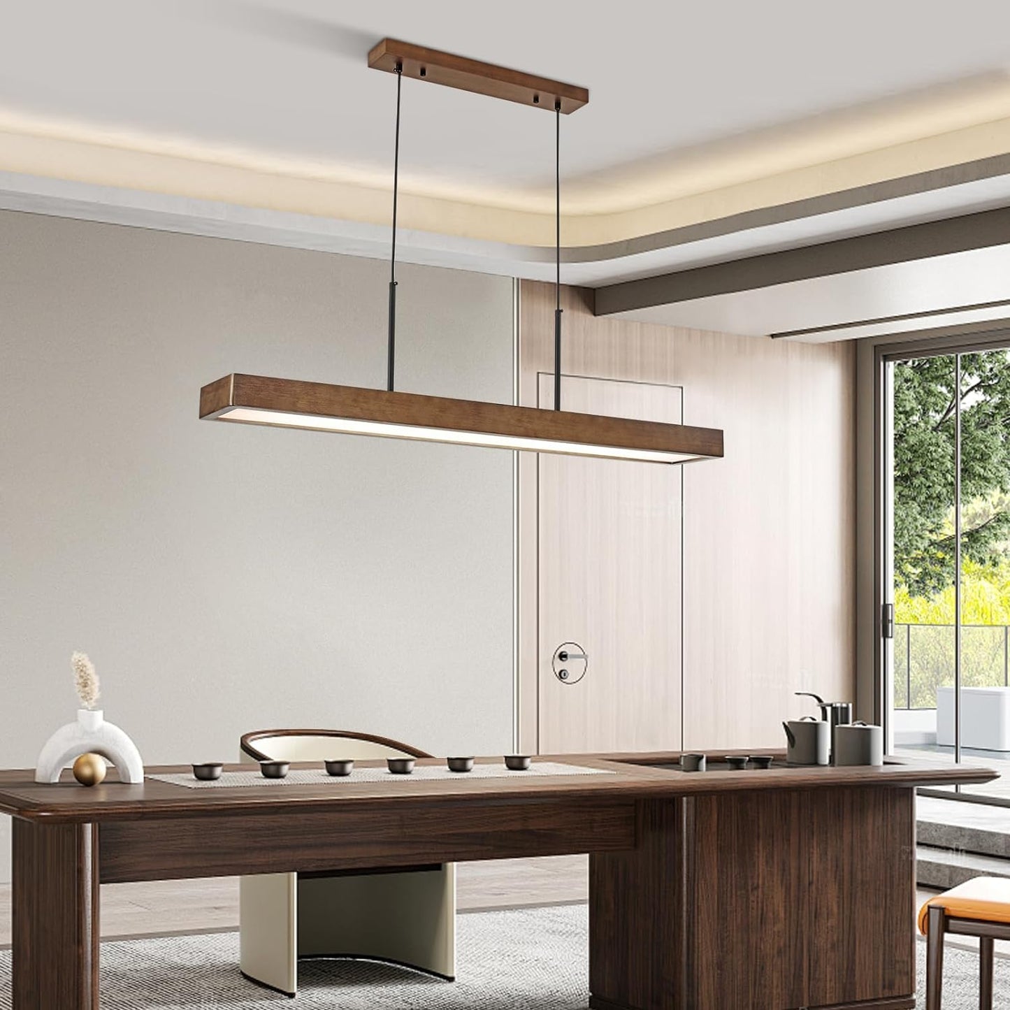 CmnVmn 39.3" Dimmable Wooden Linear Pendant Lighting Island Lights,LED48W Adjustable Color temperature6000K 4200K 3000K for Dining Room Bar