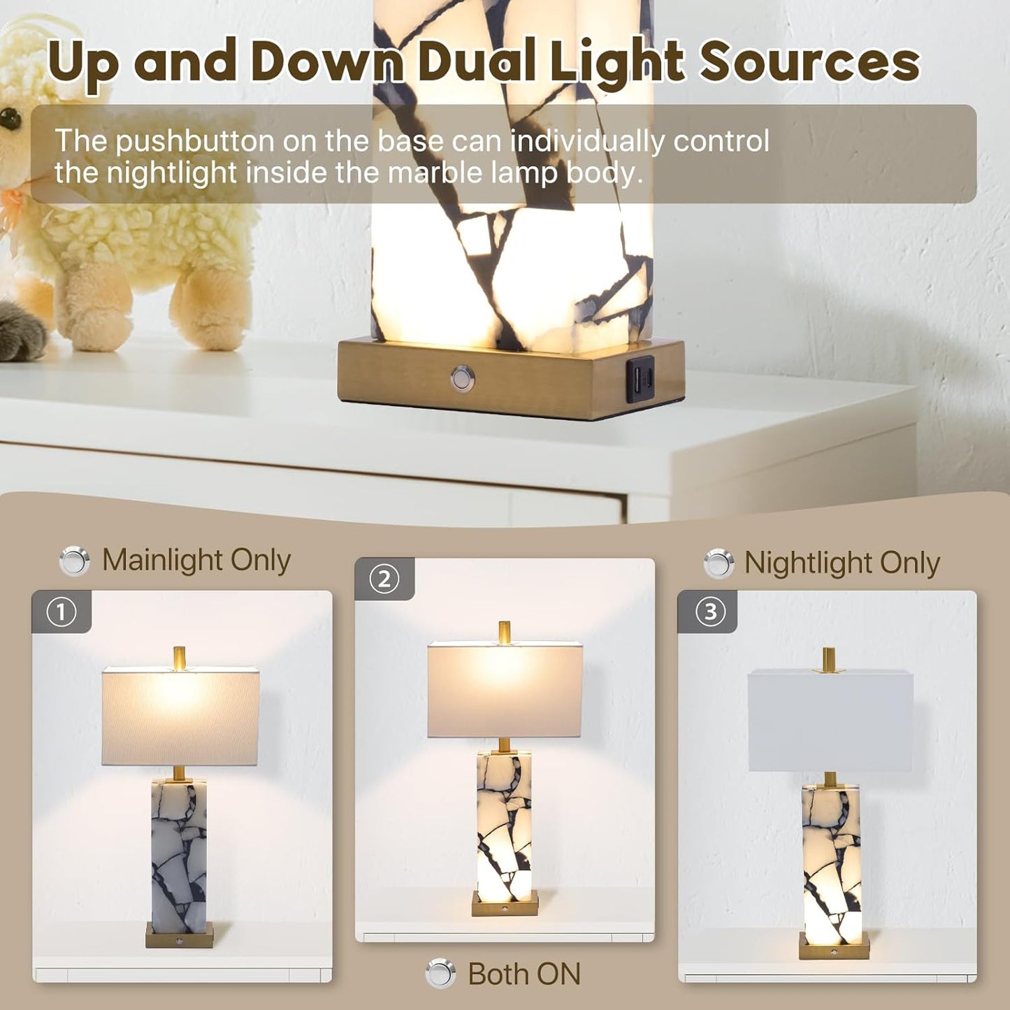 Natural Marble Table Lamps Set of 2: 3-Color Temperatures Alabaster Lamp with Nightlight, Bedside Lamps with USB Ports, Bedroom Lamps for Night