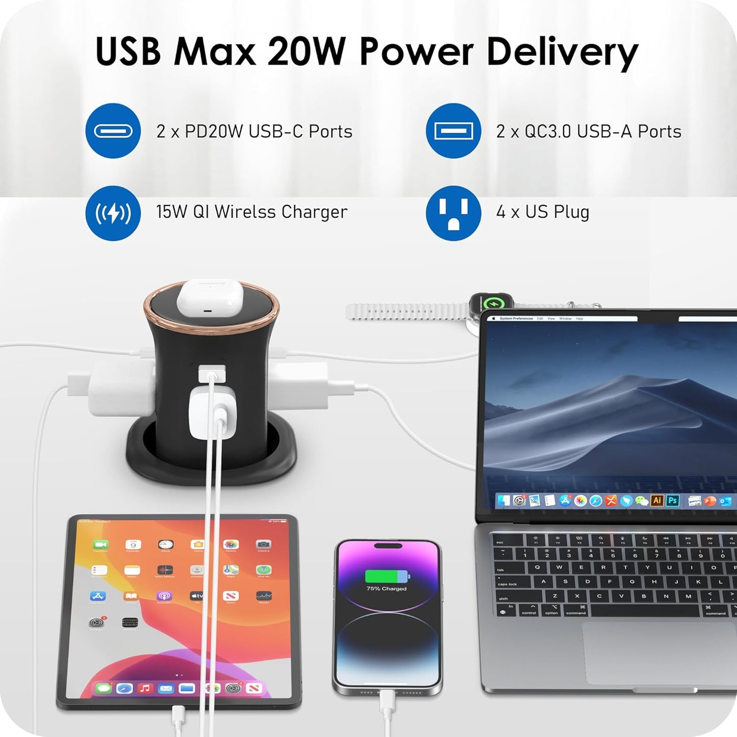 ANNQUAN Motorized Pop Up Countertop Receptacle with 15W Wireless Charger,Max 20W Power Delivery,3.15" Automatic Pop Up Electrical Outlet wi
