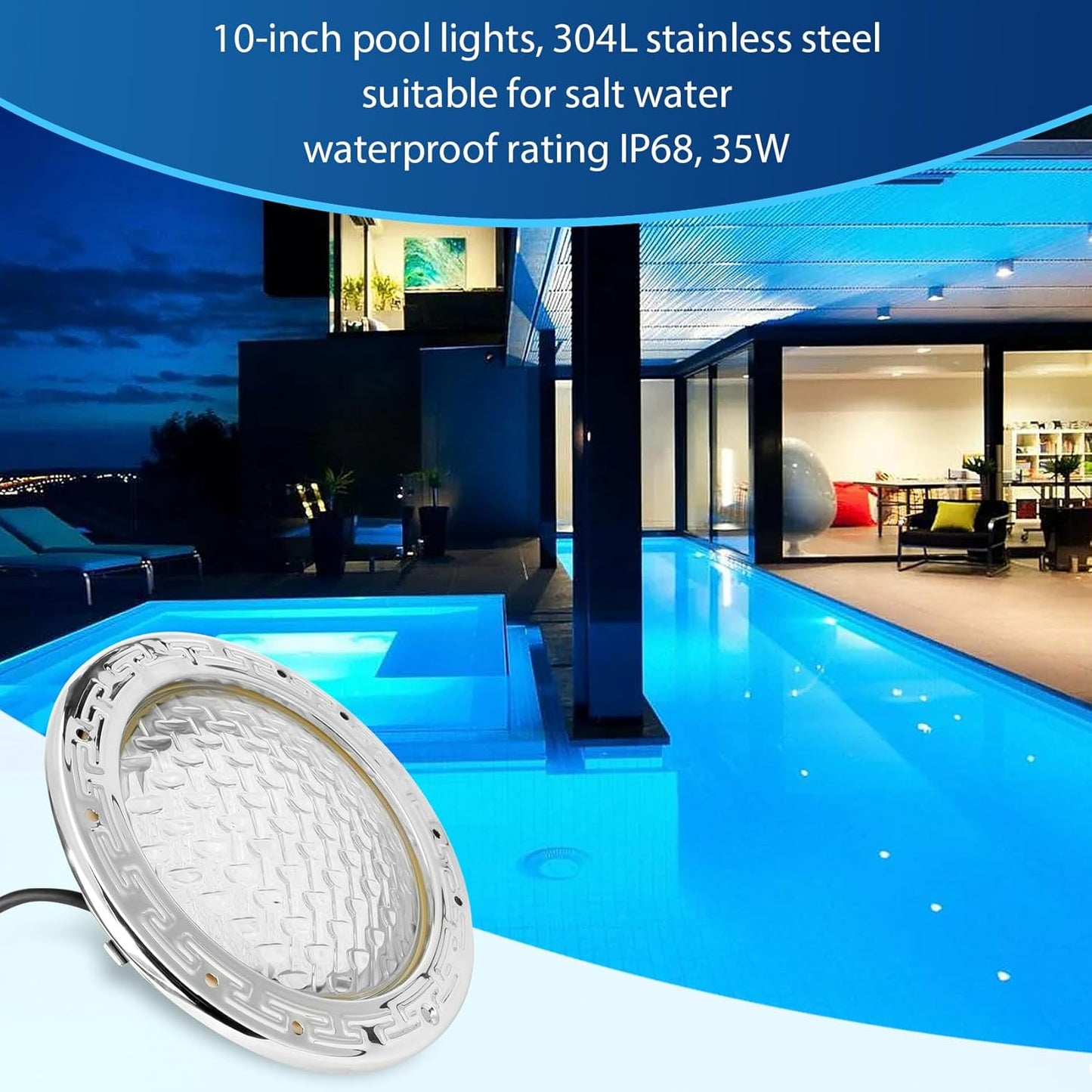 LED RGBW 10 Inch 12VAC Pool Lights for Inground Pool, 100 Foot Cord, w/Remote, Salt/Freshwater Compatible