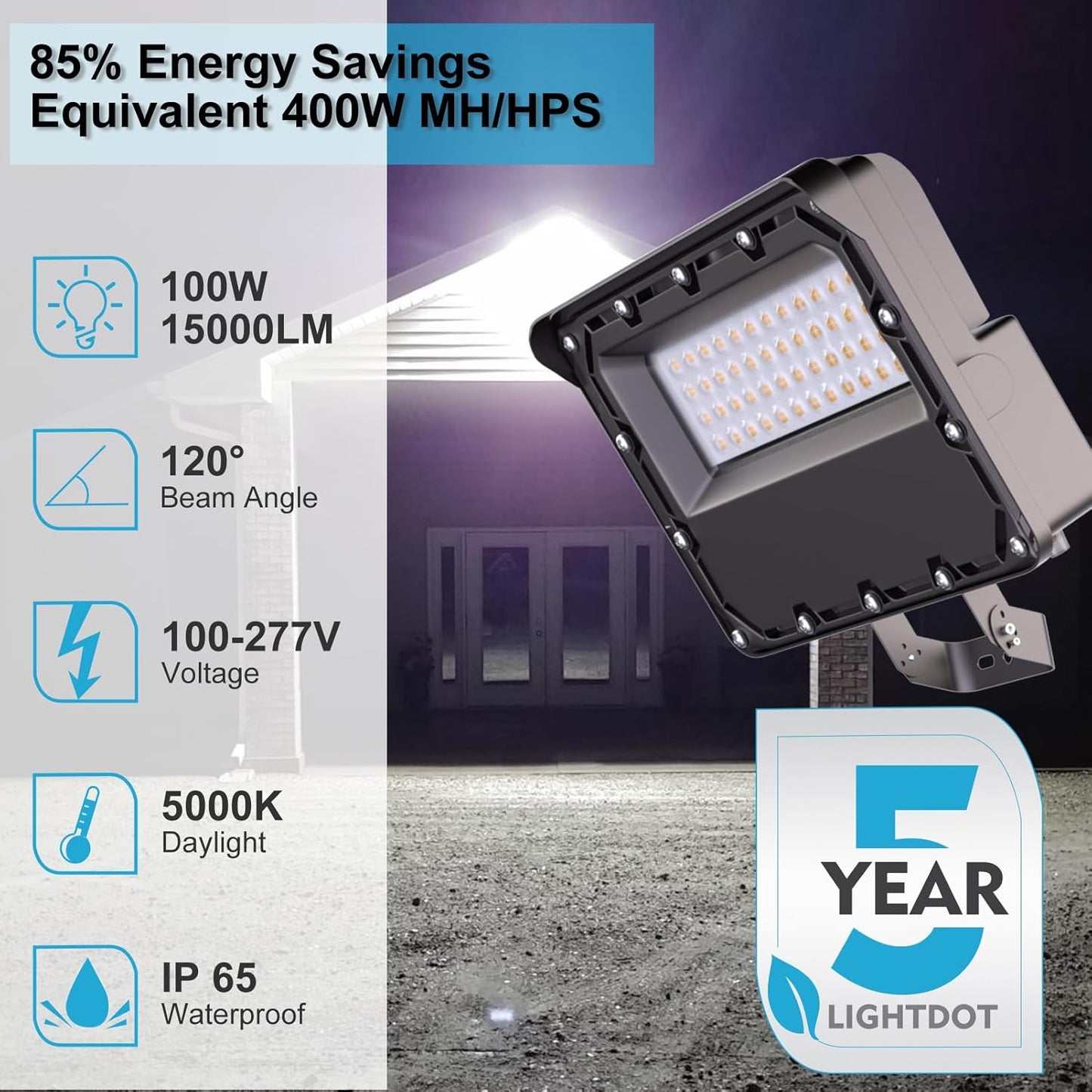 Lightdot 100W LED Flood Light Outdoor 5000K 14000Lm LED Outdoor Flood Light with Dusk to Dawn Photocell, IP65 Waterproof Area Lightings for Parking