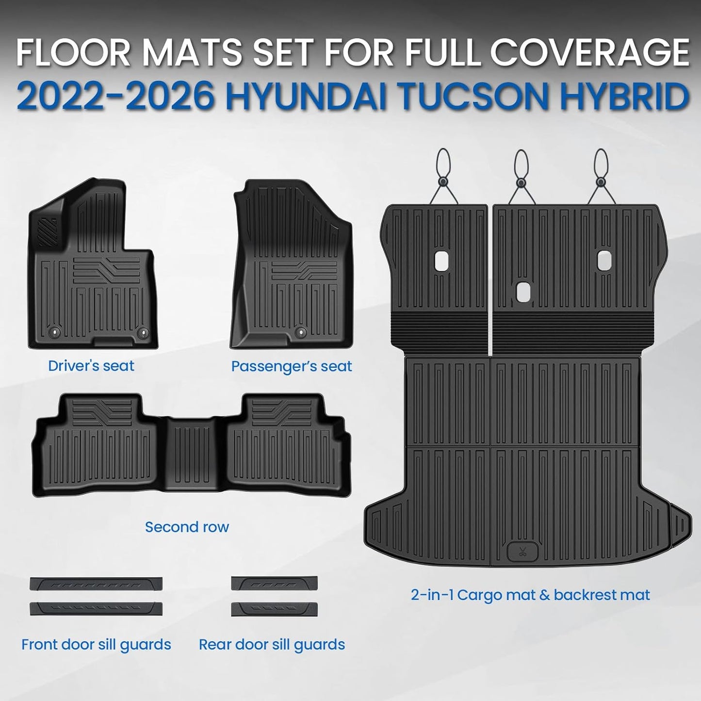 Floor Mats Set for Hyundai Tucson 2022-2025 2026 Hybrid Version (Not fit Gas and PHEV), All Weather TPE Cargo Liner Backrest Mat Trunk Mat Door Sill Guards Accessories (Hybrid Model)