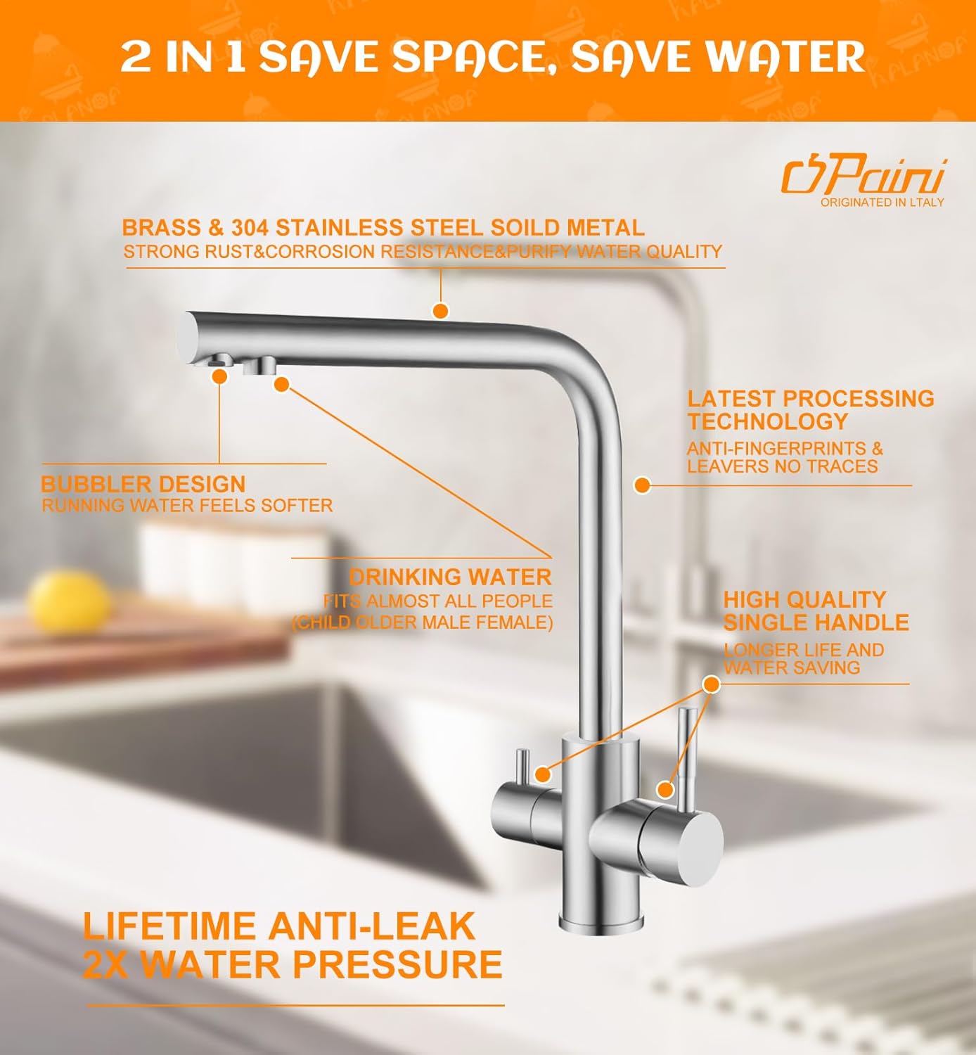 Drinking Water Faucet for Kitchen Sink, PAINI Kitchen Faucet and Water Filter Faucet Combo Brushed Nickel (Without Filtration Device)