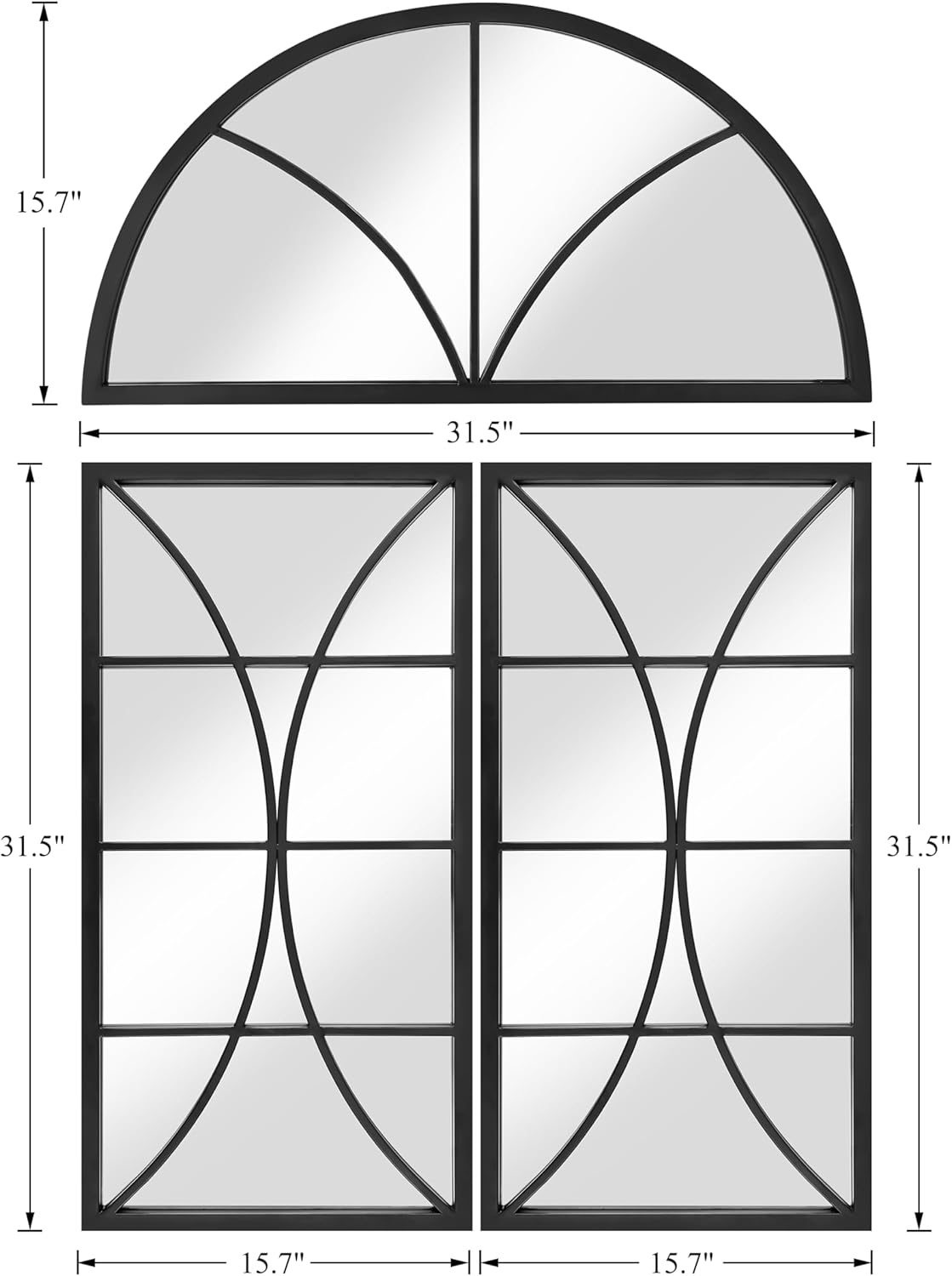 NXHOME Arched Window Black Mirror, 47.2431.5' Set of 3pcs,Spliced Detachable Composable Metal Wall Mirror Windowpane Decoration for Entryway Living