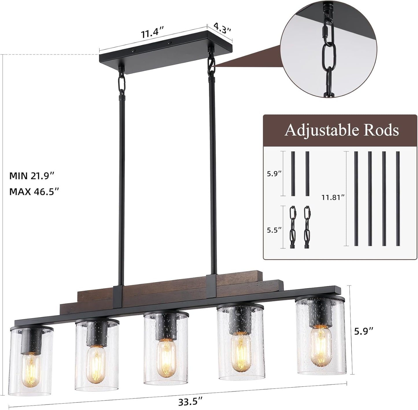 Farmhouse Linear Chandelier for Dining Room, Seeded Glass Dining Room Light Fixture Over Table, Wood Island Light fo