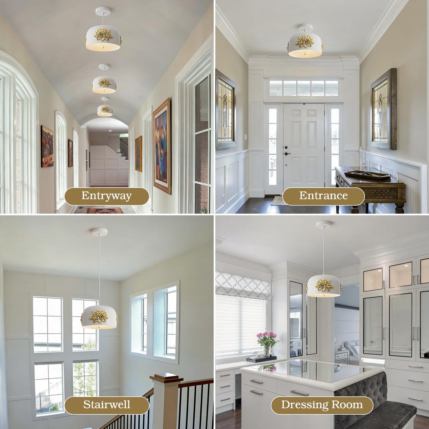 French 3-Light Gold Flower Pendant light, Elegant Floral Kitchen Island Chandelier Small Vintage Fixture 10.2 inch Art Deco Rose White drum-shaped Adjustable Hanging For Dining Room Hallway Entryway.