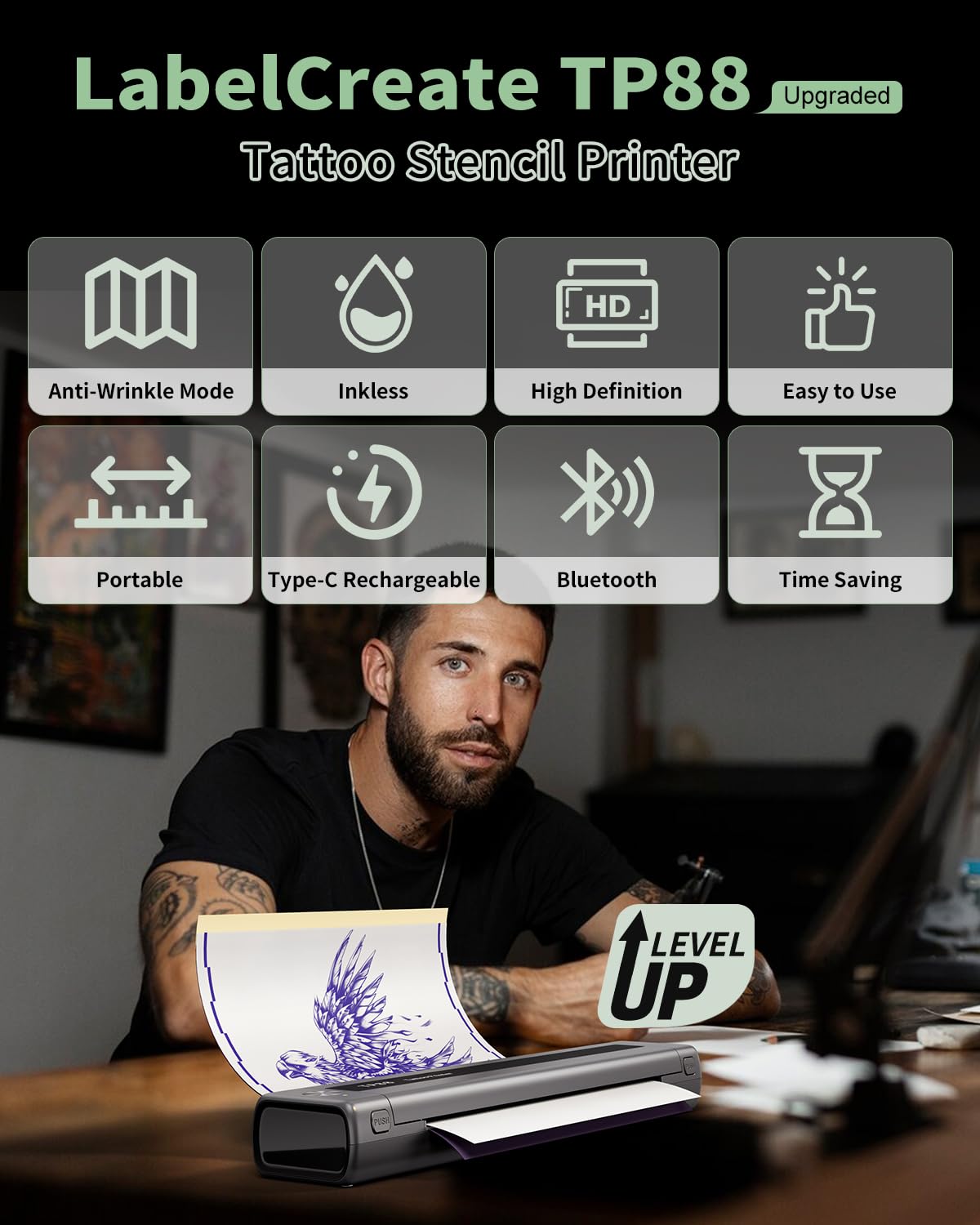 Tattoo Printer Machine,Wireless Tattoo Stencil Printer TP88 (Upgraded), Thermal Printer Tattoo with 10pcs Transfer Paper, Bluetooth Tattoo Stencil