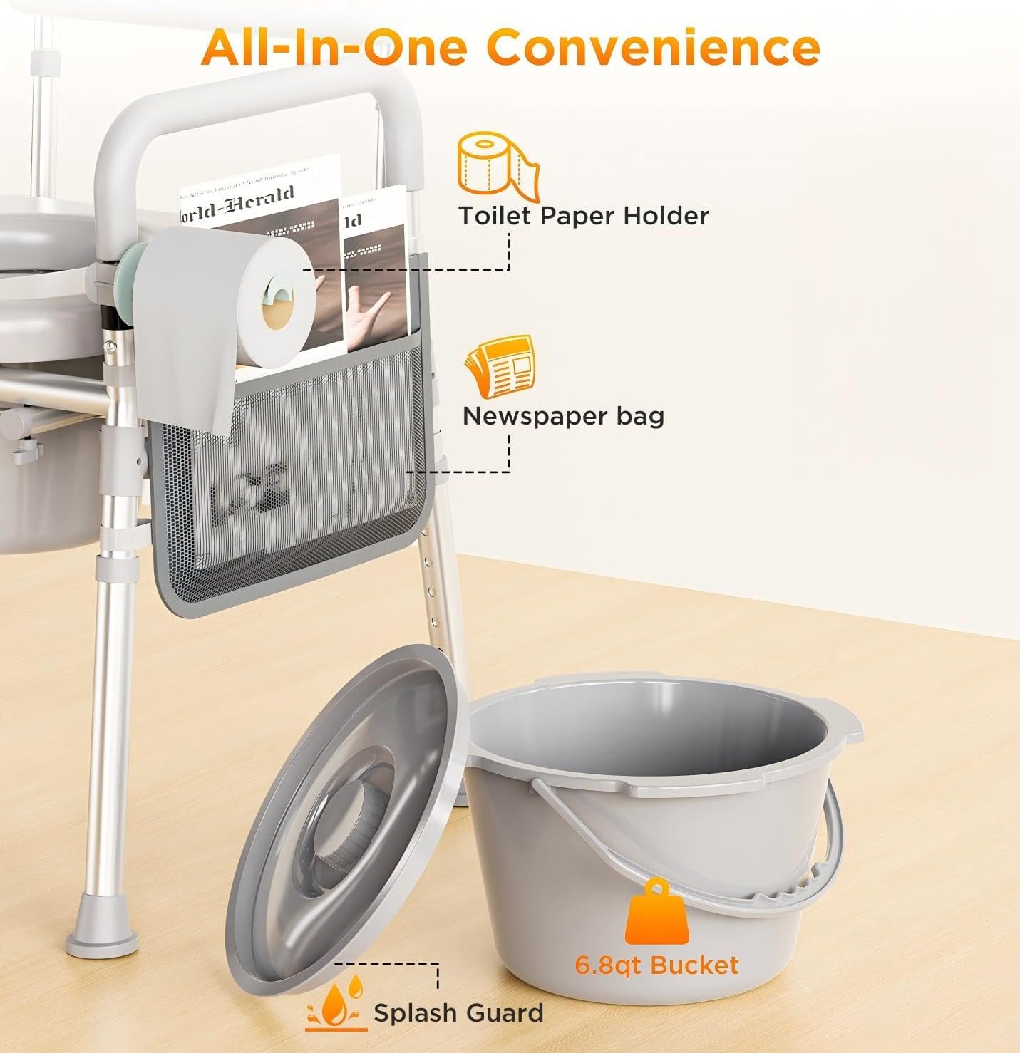 Bedside Commode with Padded Seat & Backrest, Aluminum Toilet with 6.5 qt Bucket, Easy-Clean, 350 lb Capacity Enhanced Crossbar, Portable Toilet for Seniors with Paper Holder & Newspaper Bag