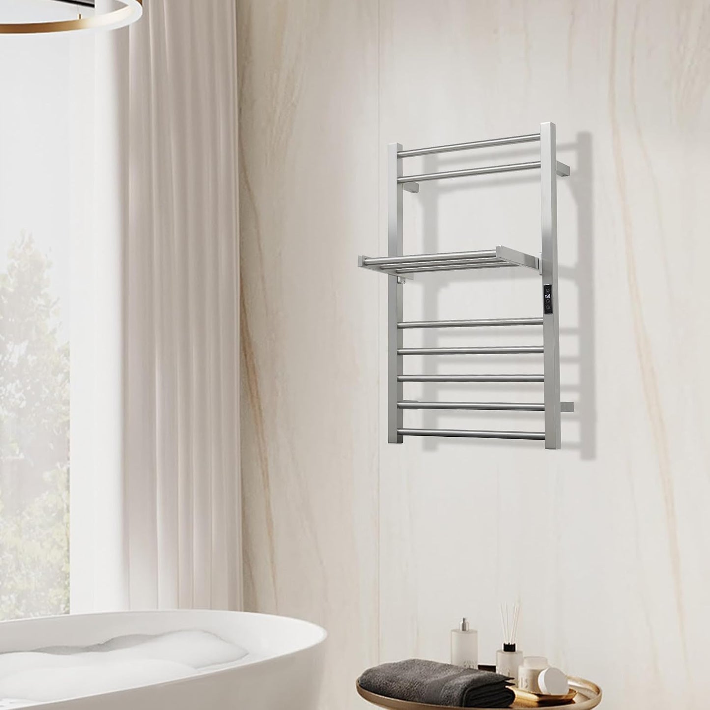 Heated Towel Warmer Rack Electric Bathroom with Voice Control Alexa & Google Home,TUYA Wall-Mounted,Stainless Steel,31.5x19.69x11.61in,Foldable Storage,Plug-in,Brushed,10 Bars 10 Bar Brushed With Wifi & Shelf